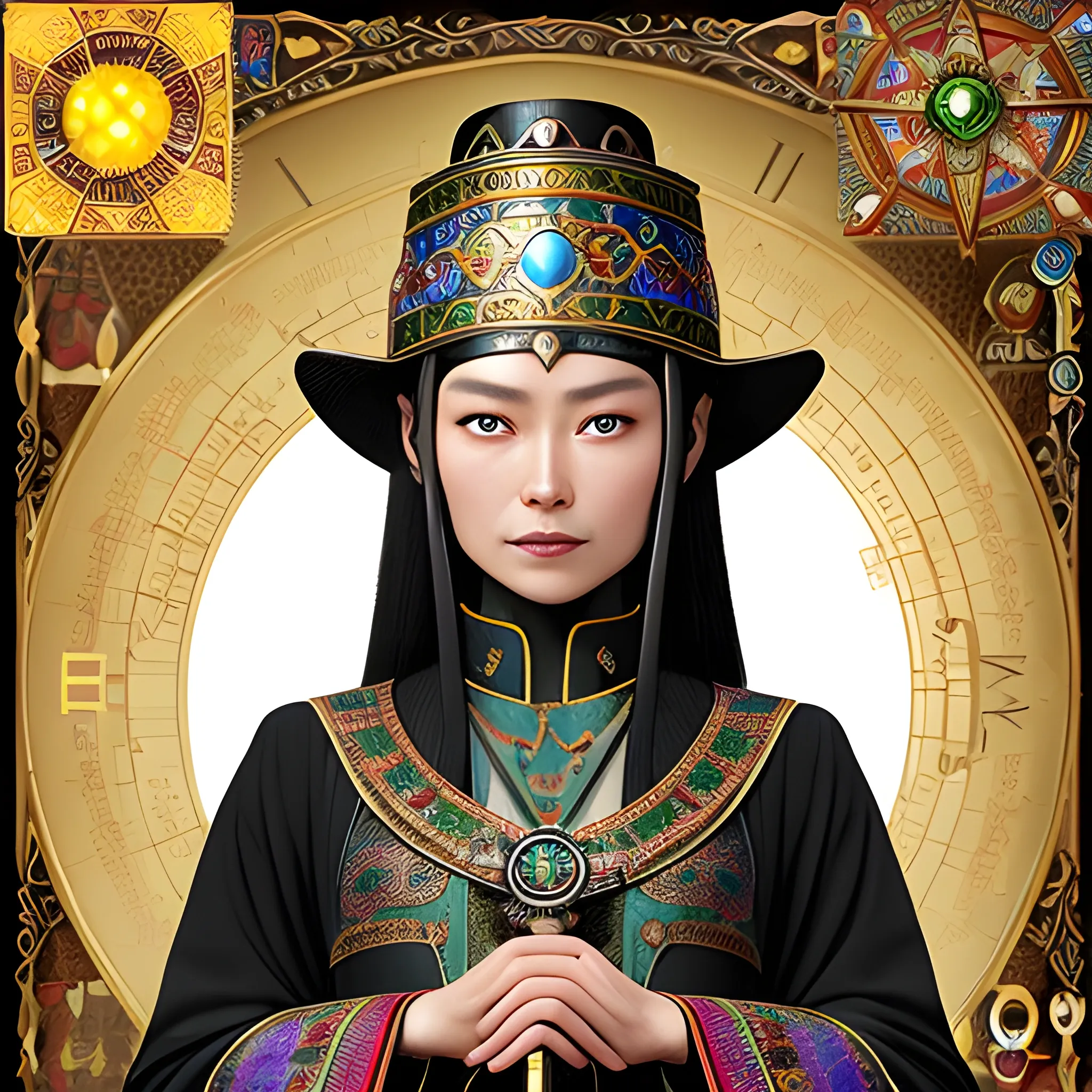 gir Hematite (Intuition) European
Appearance Detective and healer, magical attributes: 10 rings, compass, maps, staff. She is dressed in traditional Kazakh attire and wears a malakai traditional hat 