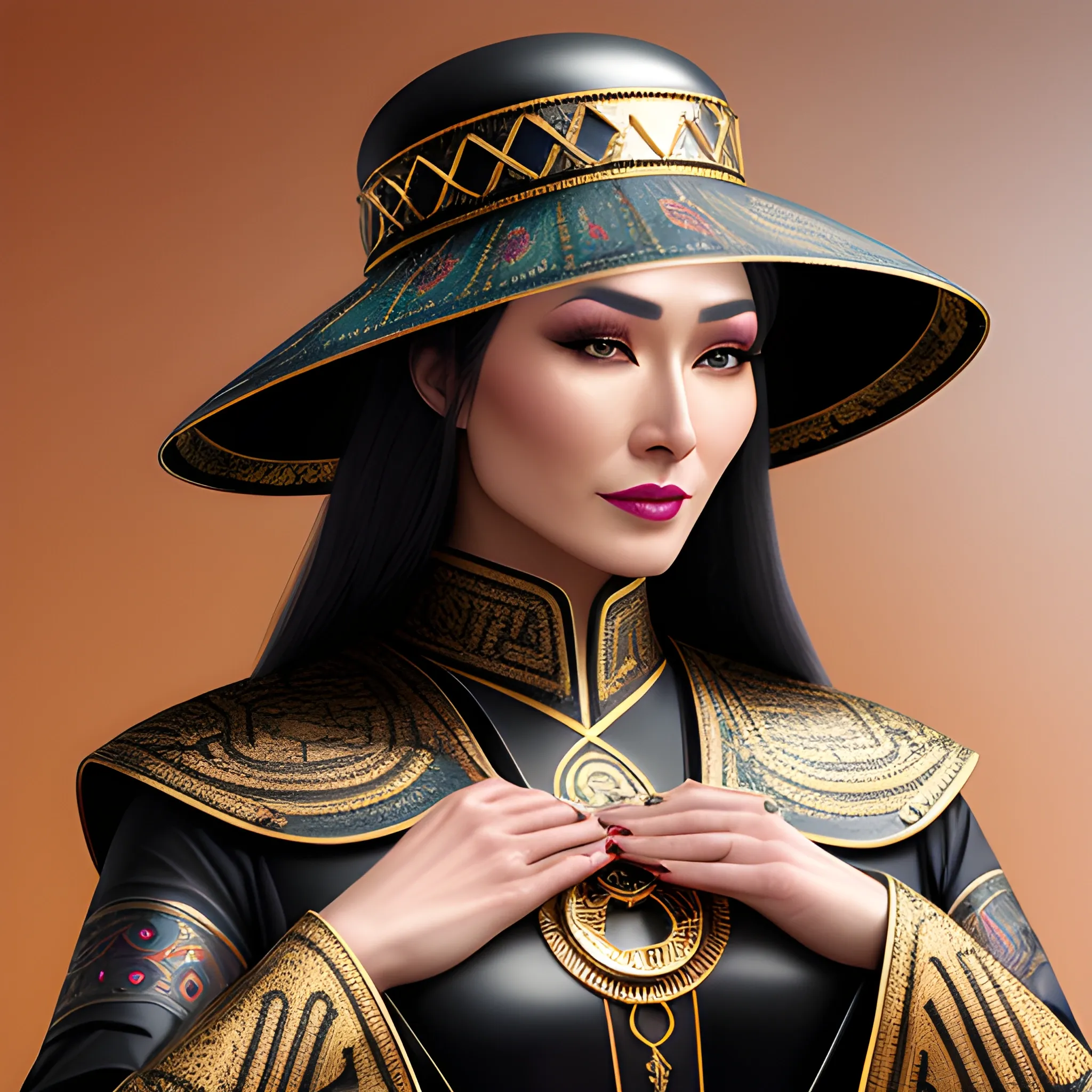 girl
 Hematite (Intuition) European
Appearance Detective and healer, magical attributes: 10 rings, compass, maps, staff. She is dressed in traditional Kazakh attire and wears a malakai traditional hat 