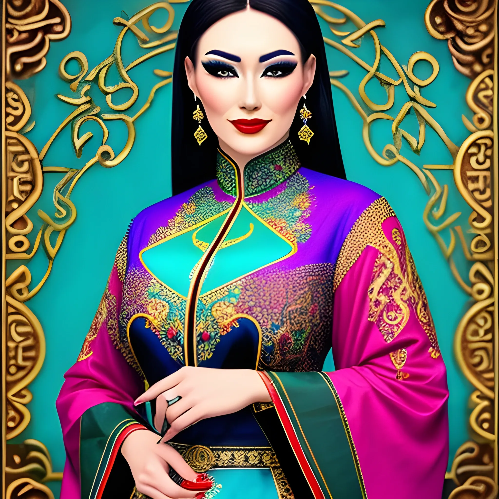 
girls
 Writer andmagician, with brushes and paints, wears multi-colored Kazakh clothes decorated with national ornaments