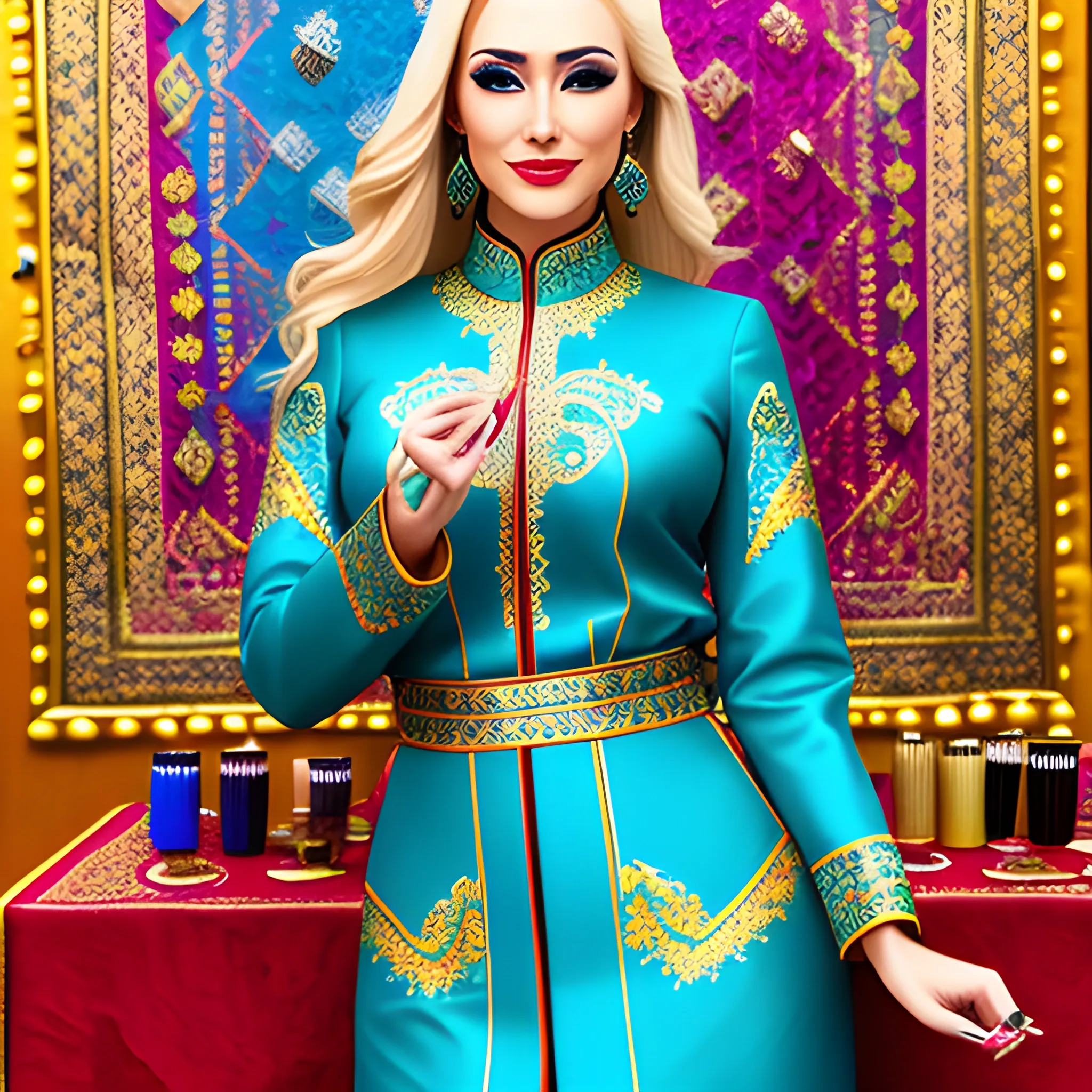 small girls blonde
 Writer andmagician, with brushes and paints, wears multi-colored Kazakh clothes decorated with national ornaments