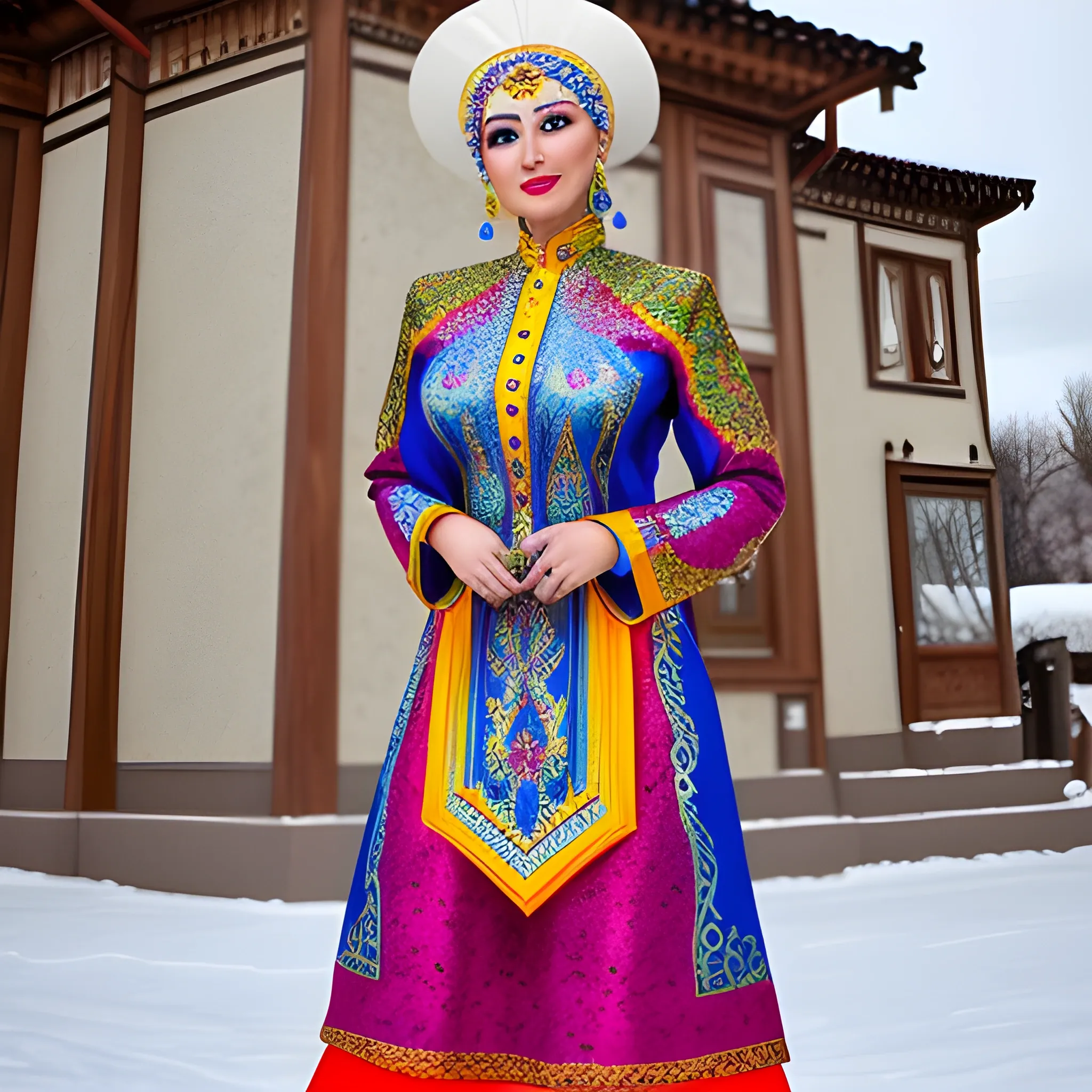 small girls blonde
 Writer andmagician, with brushes and paints, wears multi-colored Kazakh clothes decorated with national ornaments