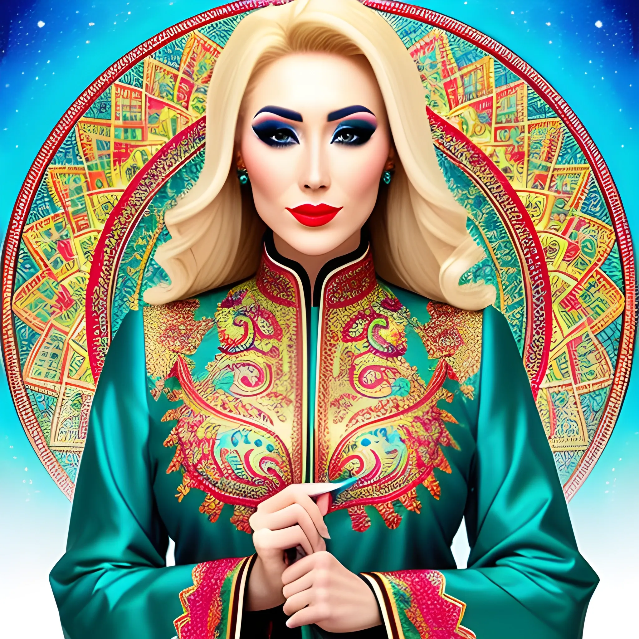 small girls blonde
 Writer andmagician, with brushes and paints, wears multi-colored Kazakh clothes decorated with national ornaments