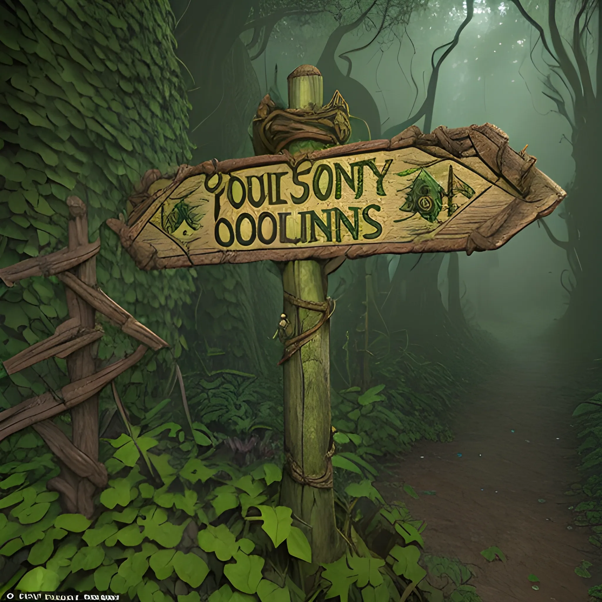 A weathered signpost partially hidden by vines at the entrance of a mysterious forest, with text reading 'Bounty: 100 gold coins for clearing Whispering Hollow of goblins'. The forest beyond looks dark and foreboding, hinting at adventure and danger