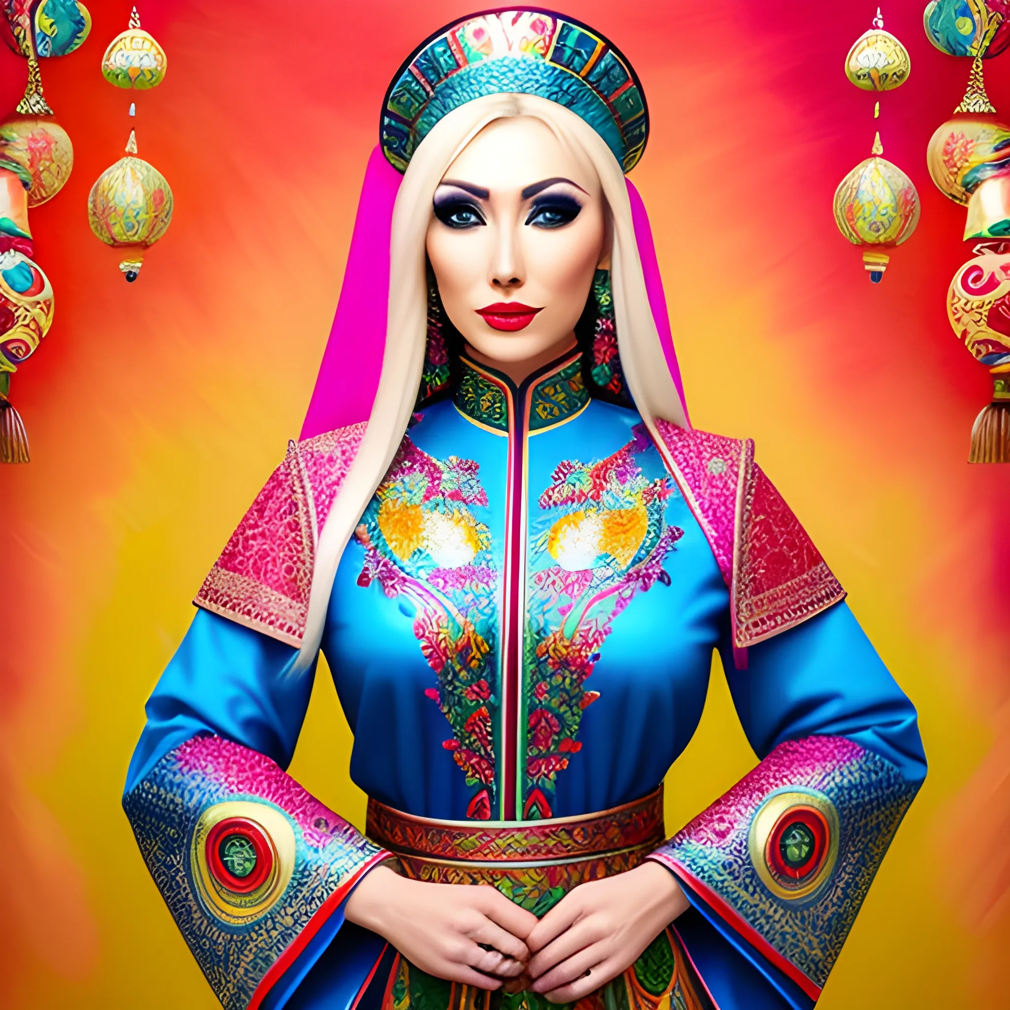 small girls blonde
 Writer andmagician, with brushes and paints, wears multi-colored Kazakh clothes decorated with national ornaments