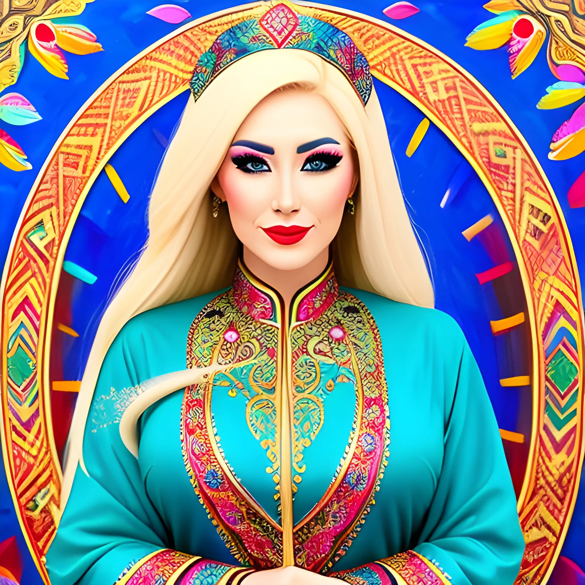 small girls blonde
 Writer andmagician, with brushes and paints, wears multi-colored Kazakh clothes decorated with national ornaments