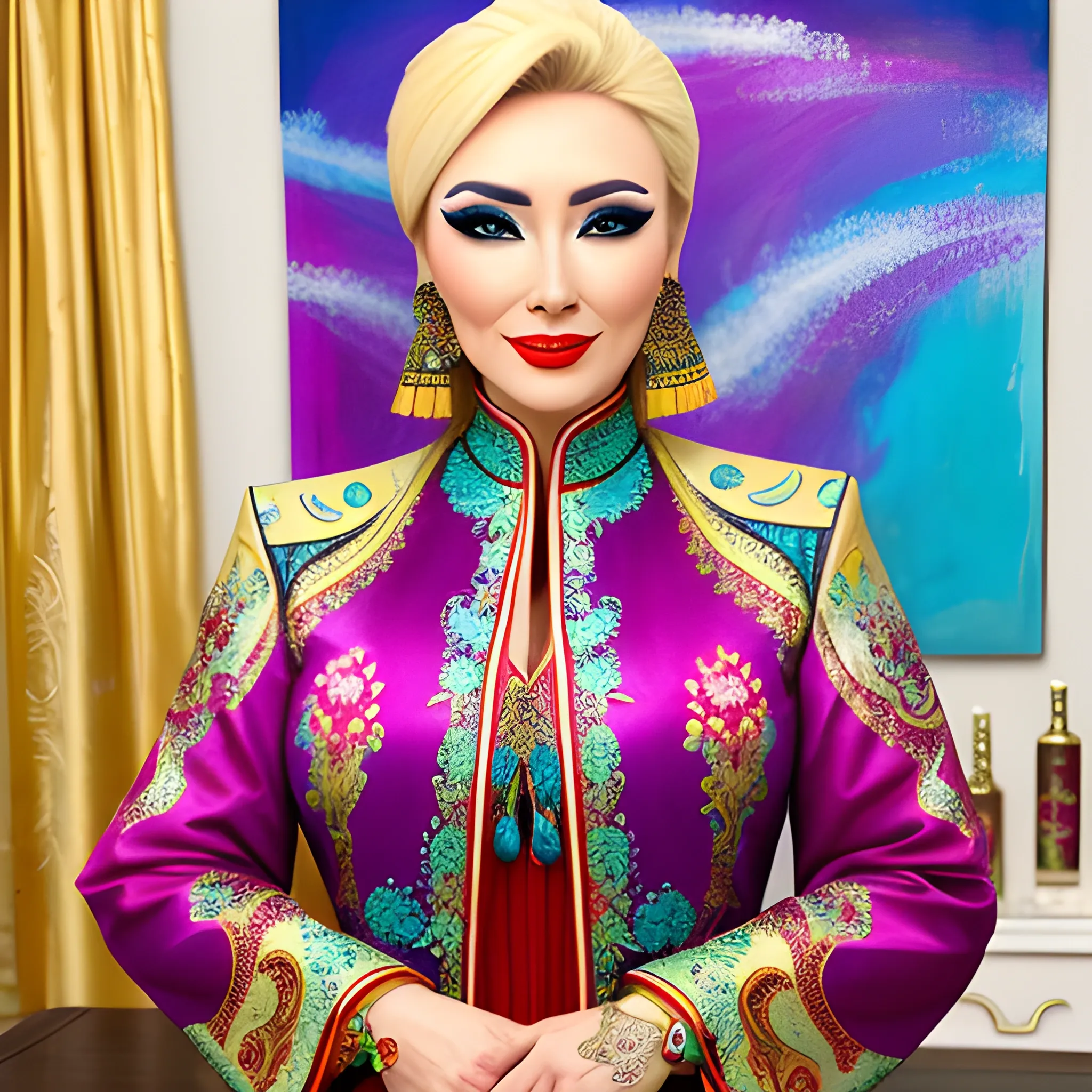 children small girls blonde
 Writer andmagician, with brushes and paints, wears multi-colored Kazakh clothes decorated with national ornaments