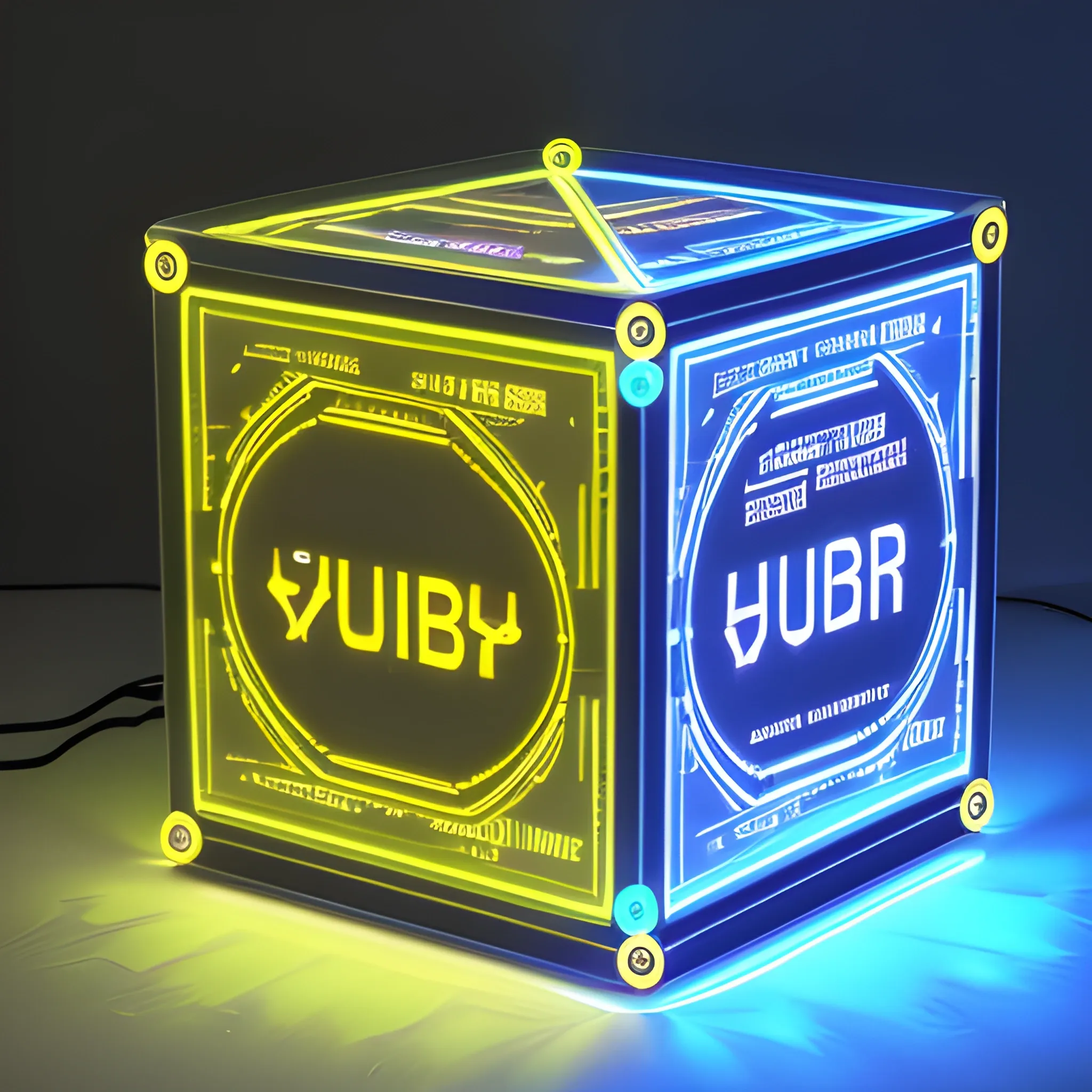 A futuristic ballot box stands atop a pedestal, adorned with neon circuitry and cables, surrounded by a halo of soft, pulsing light. The box's surface displays a mosaic of miniature flags from diverse nations, each one shimmering with a subtle, holographic glow. Above the box, a transparent, cube-shaped prism suspends in mid-air, etched with the words "AI HUB" in bold, metallic letters. The atmosphere is electric, as if the very essence of democracy hovers within the sphere, awaiting the voices of the people.