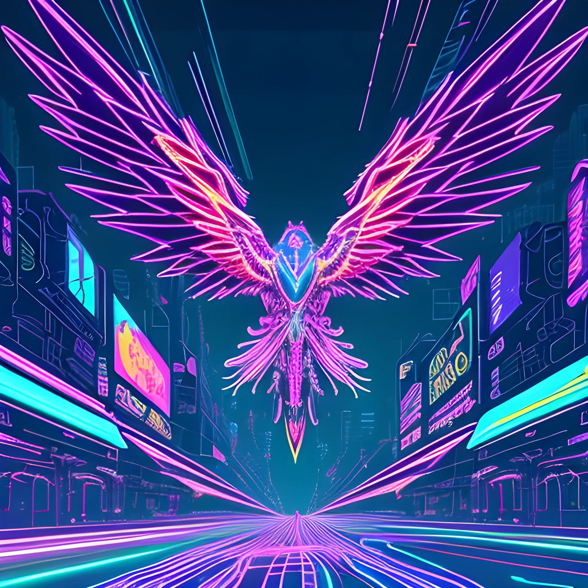 A vibrant winged beast bounds through a pixelated landscape, its eyes fixed on a shimmering orb in the distance. Neon trails illuminate its scaled form as it channels electricity from the ground, generating a symphony of light and shadow. - Cyberpunk neon art style