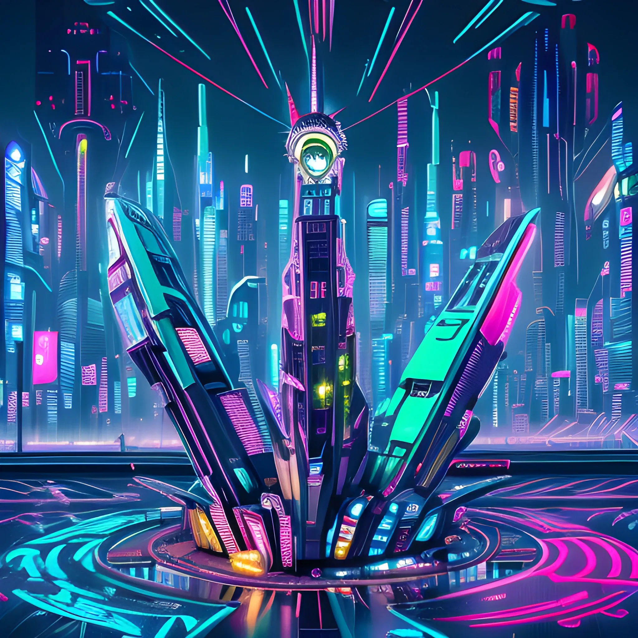 A vibrant, futuristic cityscape at dusk, with neon lights reflecting off the wet pavement. A stylized, sci-fi inspired Statue of Liberty stands tall in the center, surrounded by abstract, graffiti-like shapes in bold colors. The air is electric, pulsing with an otherworldly energy. - Cyberpunk futuristic art style