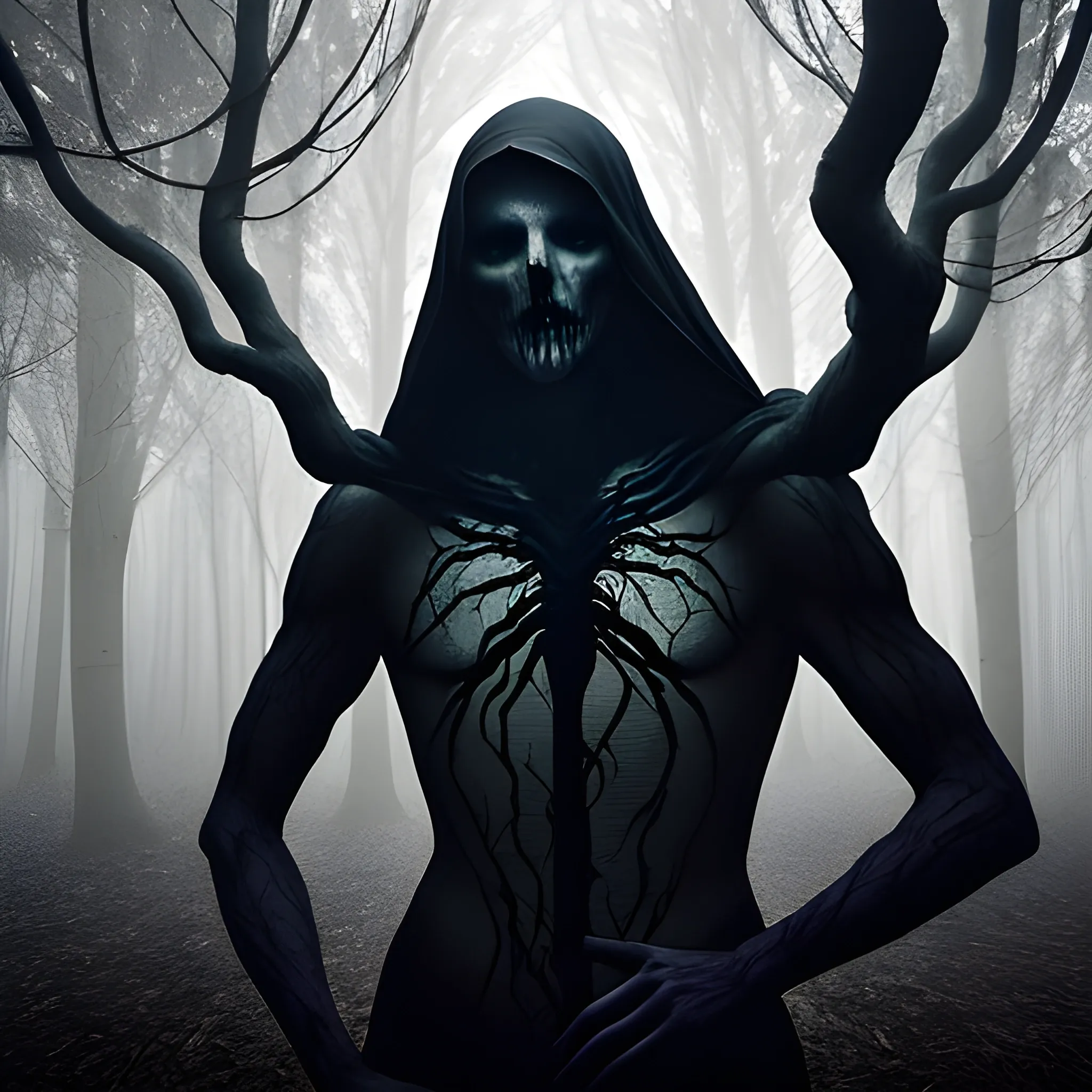 A shrouded figure tiptoes through a labyrinth of shadowy trees, their branches forming an ominous canopy above. The web, thick and viscous, entangles the man’s limbs, its tendrils reaching out like grotesque fingers grasping at his secrets. The dimly lit forest floor is littered with debris, casting an eerie glow on his contorted face. - Dark, ethereal, Gothic horror.