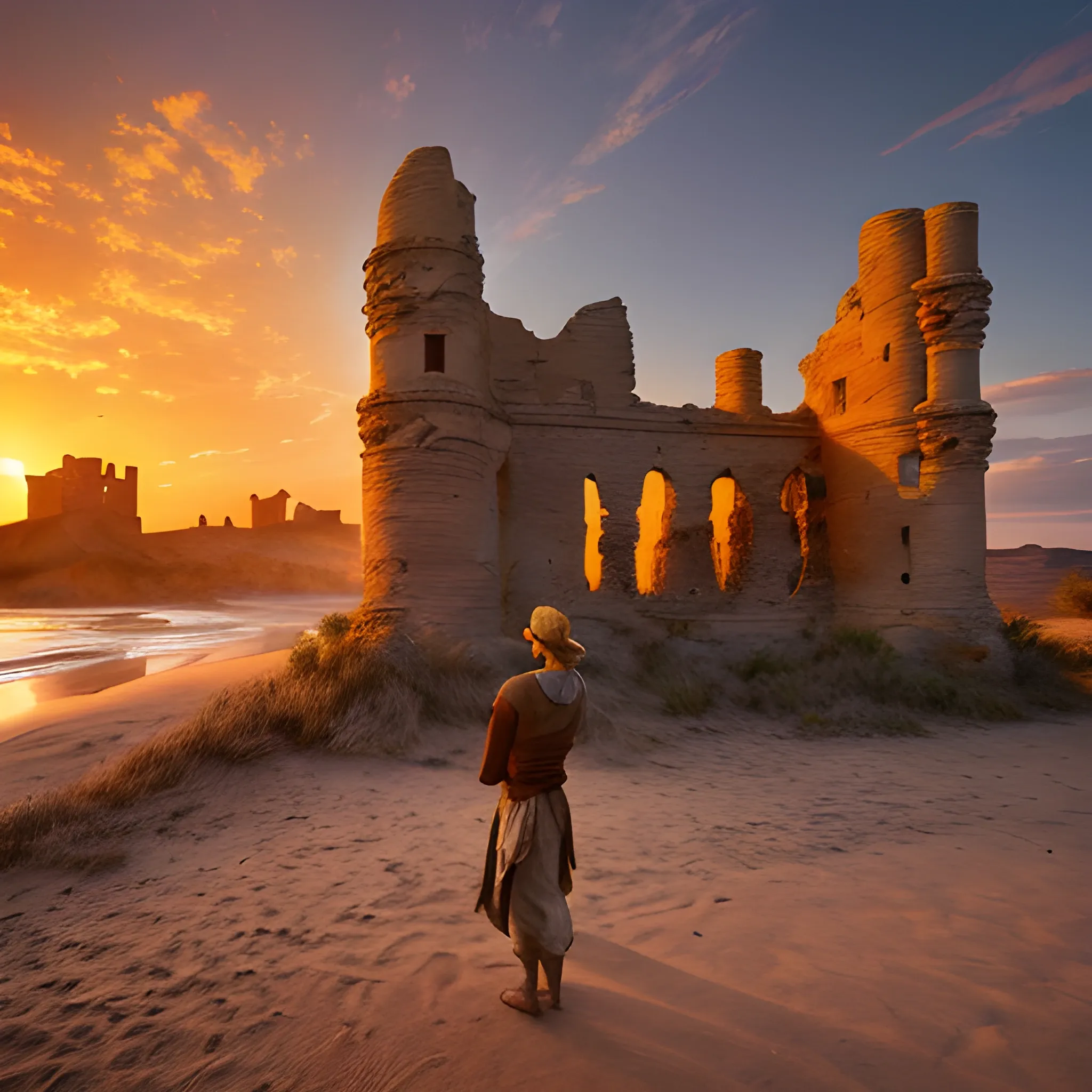 A weathered traveler gazes out at a sunrise that paints the crumbling castle ruins in hues of molten gold. Windblown sand whispers tales of forgotten empires through the towering sandstone pillars.