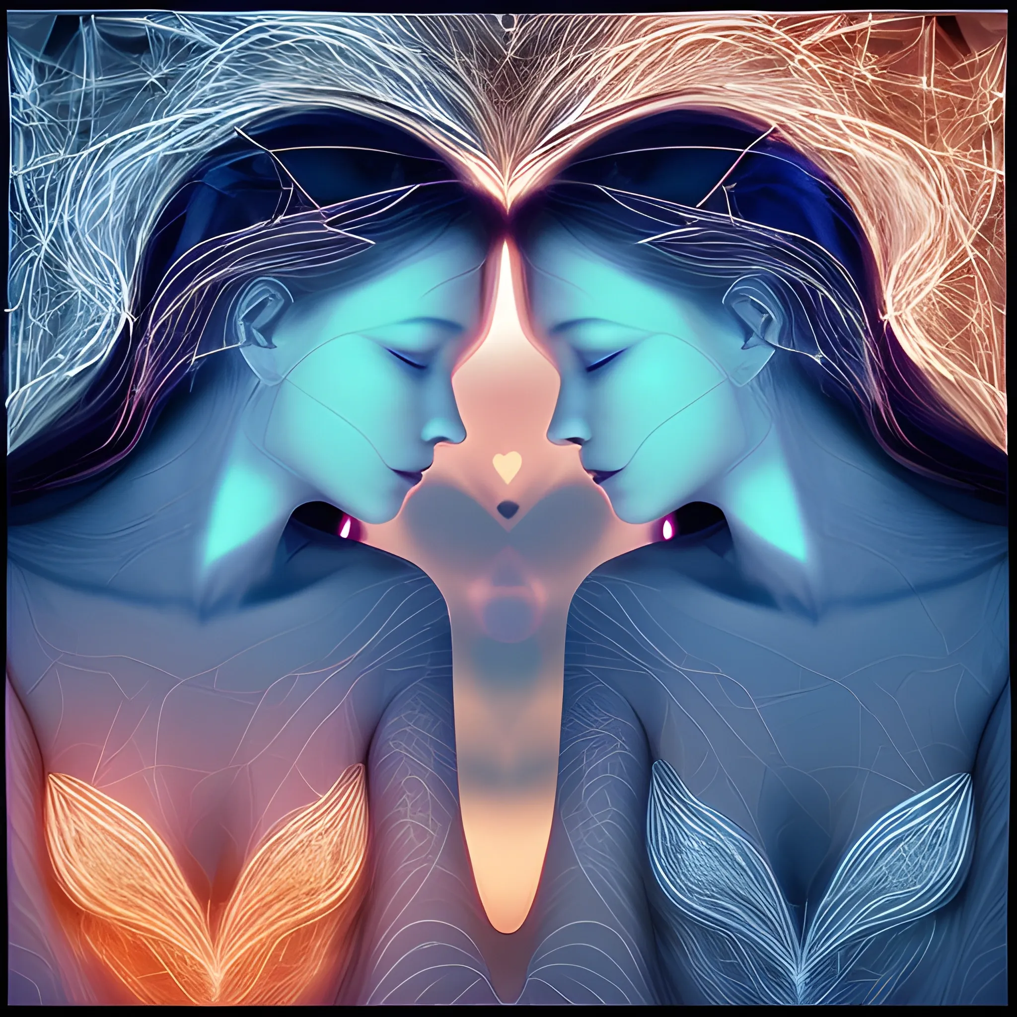 A researcher delves into the algorithmic heart of romance, analyzing the neural pathways of love through the lens of quantum physics. The pulsating energy of desire manifests in a kaleidoscope of emotions, expressed through vibrant, organic forms. Gentle gradients of rose-gold and midnight blue illuminate the interplay of trust and vulnerability. Ethereal light filters through, hinting at the precarious balance of power dynamics, revealing hidden complexities of love's intricate architecture.