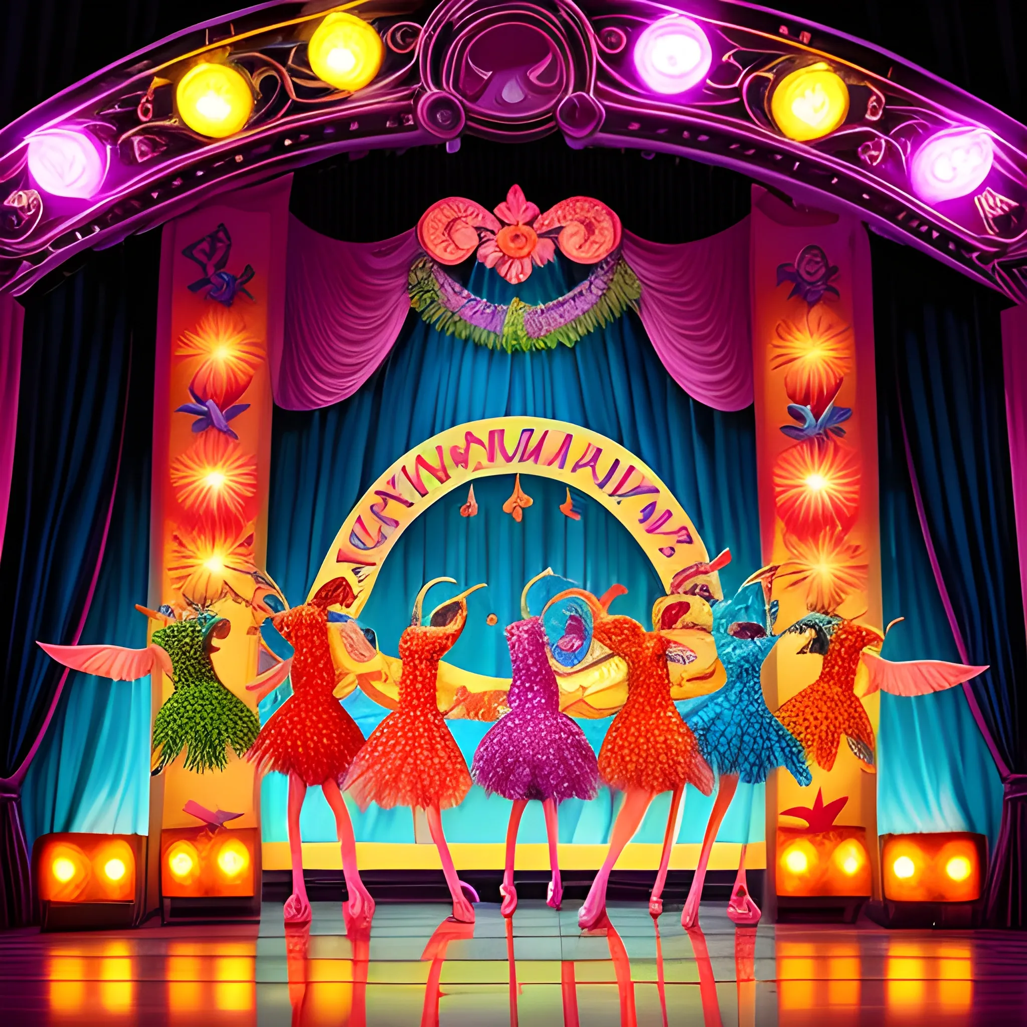 An illustration of a group of colorful, anthropomorphic birds performing a lively musical number on a grand stage adorned with vibrant, tropical foliage and twinkling lights. The birds are dressed in elaborate, feathery costumes, their beaks and eyes expressing joy and excitement. The title "Hakuna Mah Burd Tah-Ta" is prominently displayed in bold, glittering letters above the stage. The image is stylized with a whimsical, cartoonish aesthetic, reminiscent of classic Broadway show posters.