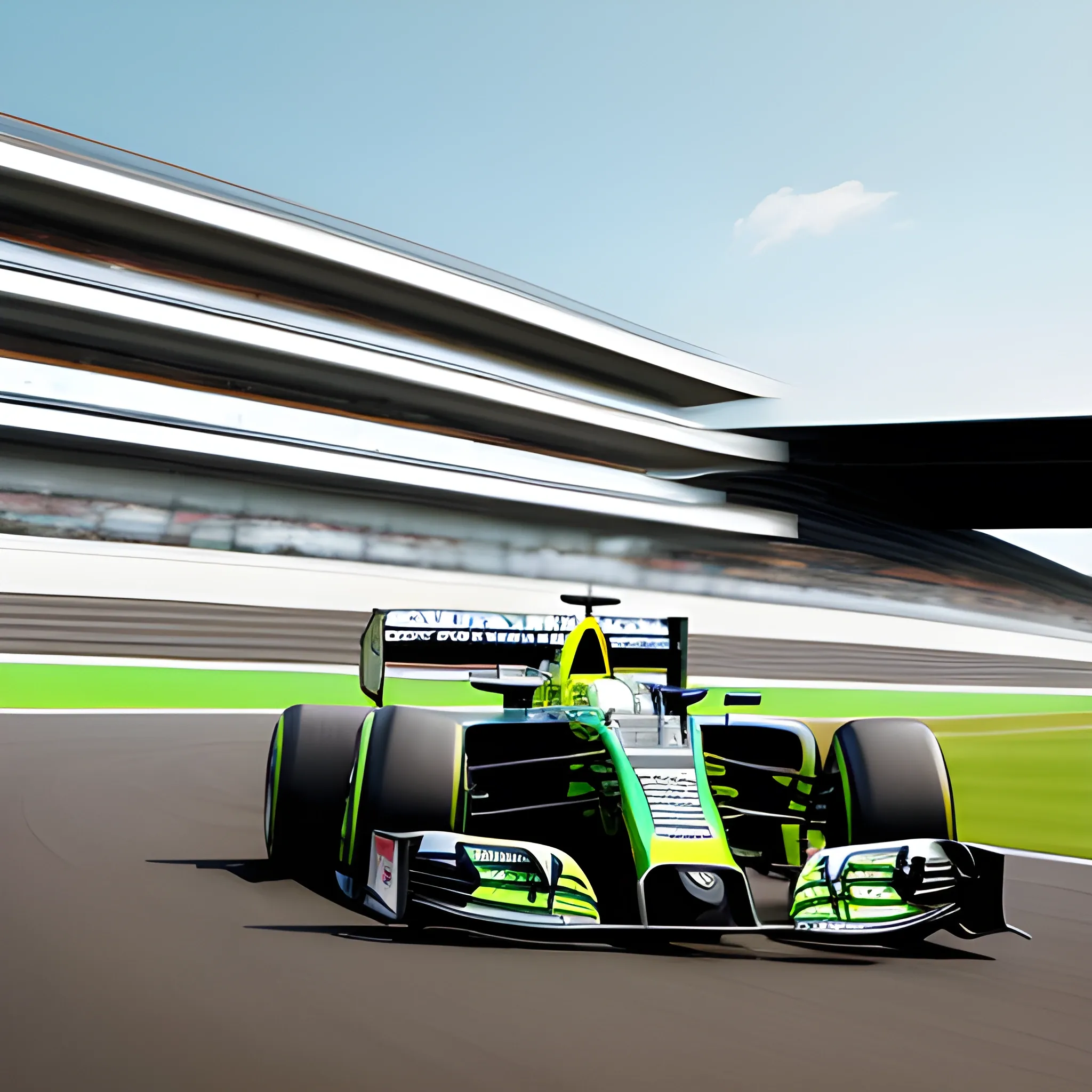 A kinetic, high-octane rendering of a speeding Formula 1 car as it takes the legendary Turn 1 Copse Corner, its sleek, aerodynamic body a blur of metallic silver and vibrant team colors against the lush, emerald green of the Silverstone Circuit's historic grasslands, with the distant, rustic grandstands and the iconic Wing Bridge blurring into a frenzy of speed and adrenaline. 