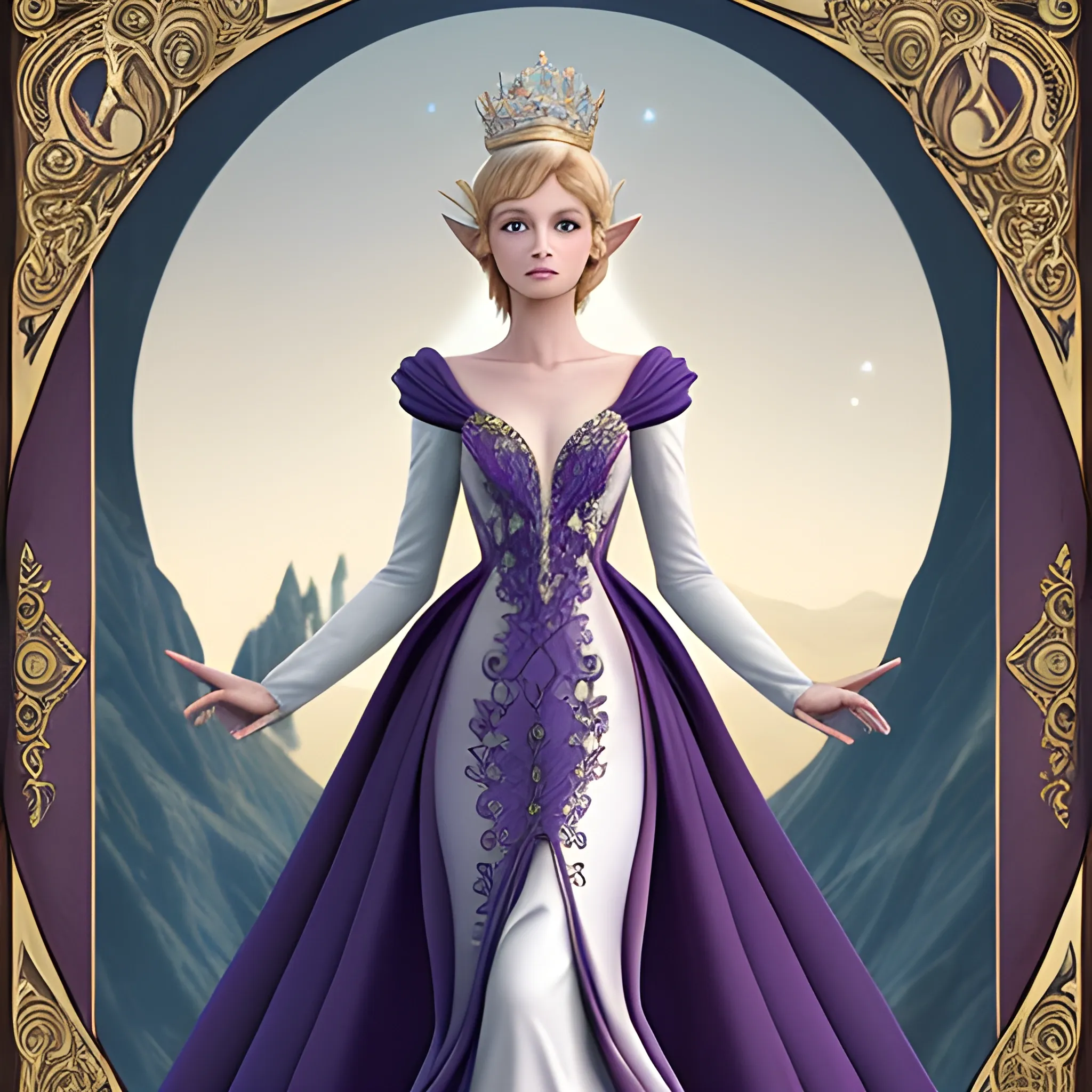 high elve, queen, hair magically floating around her, wearing an elegant gown, hair longer than she is tall