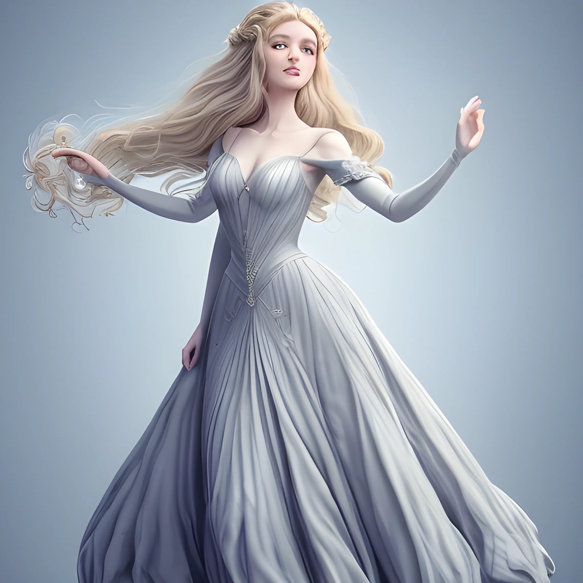 high elve, hair magically floating around her, wearing an elegant gown, hair is very long