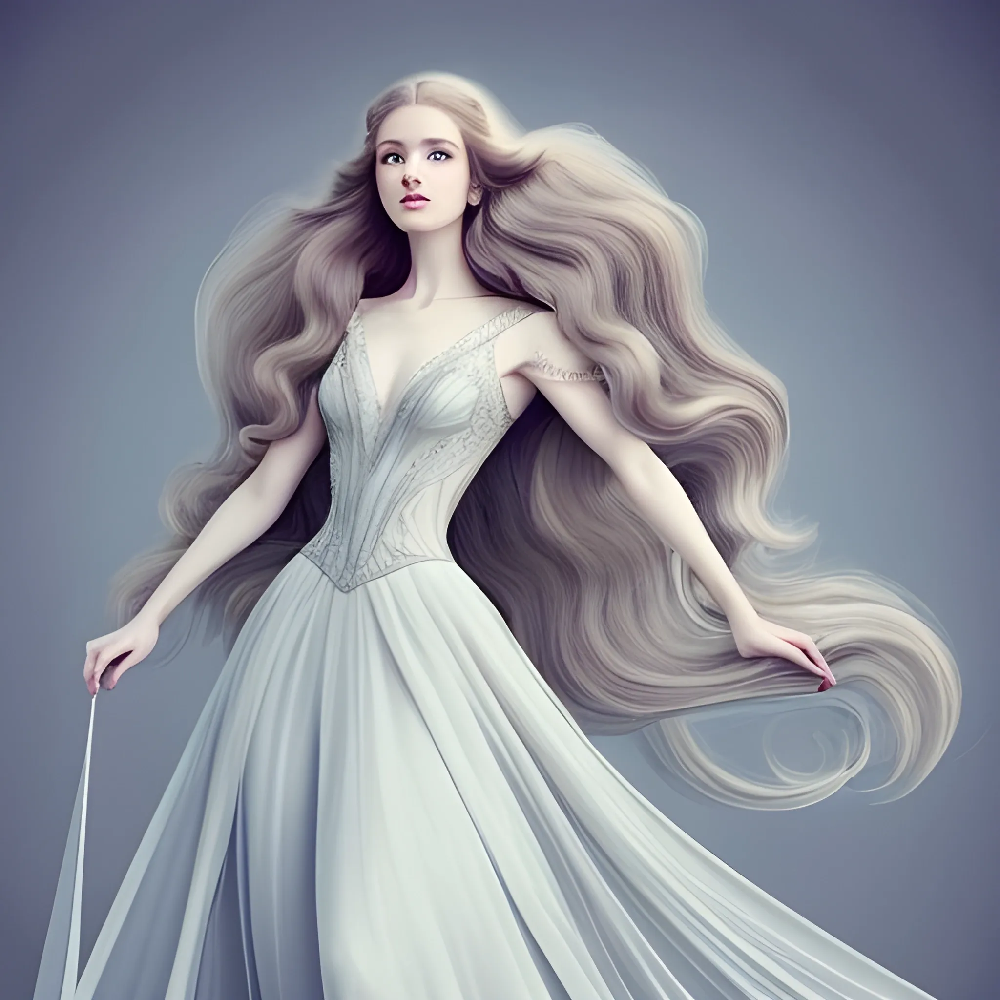 high elve, stunningly beautiful, hair magically floating around her, wearing an elegant gown, hair is very long