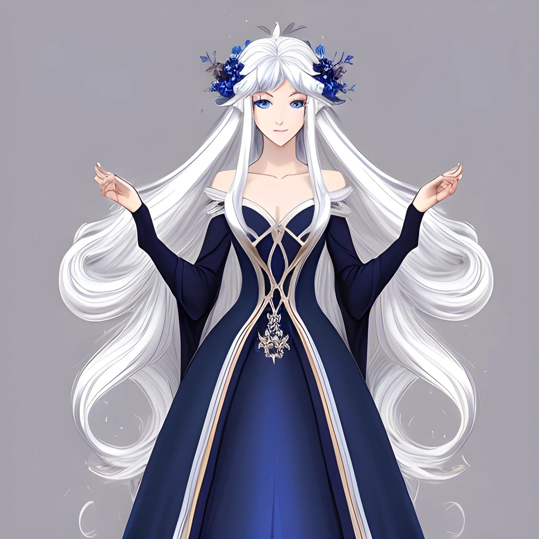 high elve, very beautiful, hair magically floating around her, wearing an elegant midnight blue gown, hair is very long, hair is white, anime