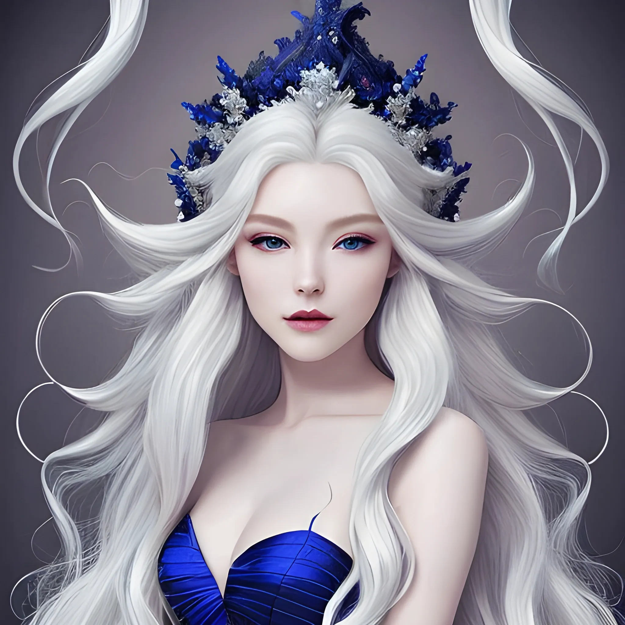 high elve, very beautiful, sexy, hair magically floating around her, wearing an elegant midnight blue gown, hair is very long, hair is white