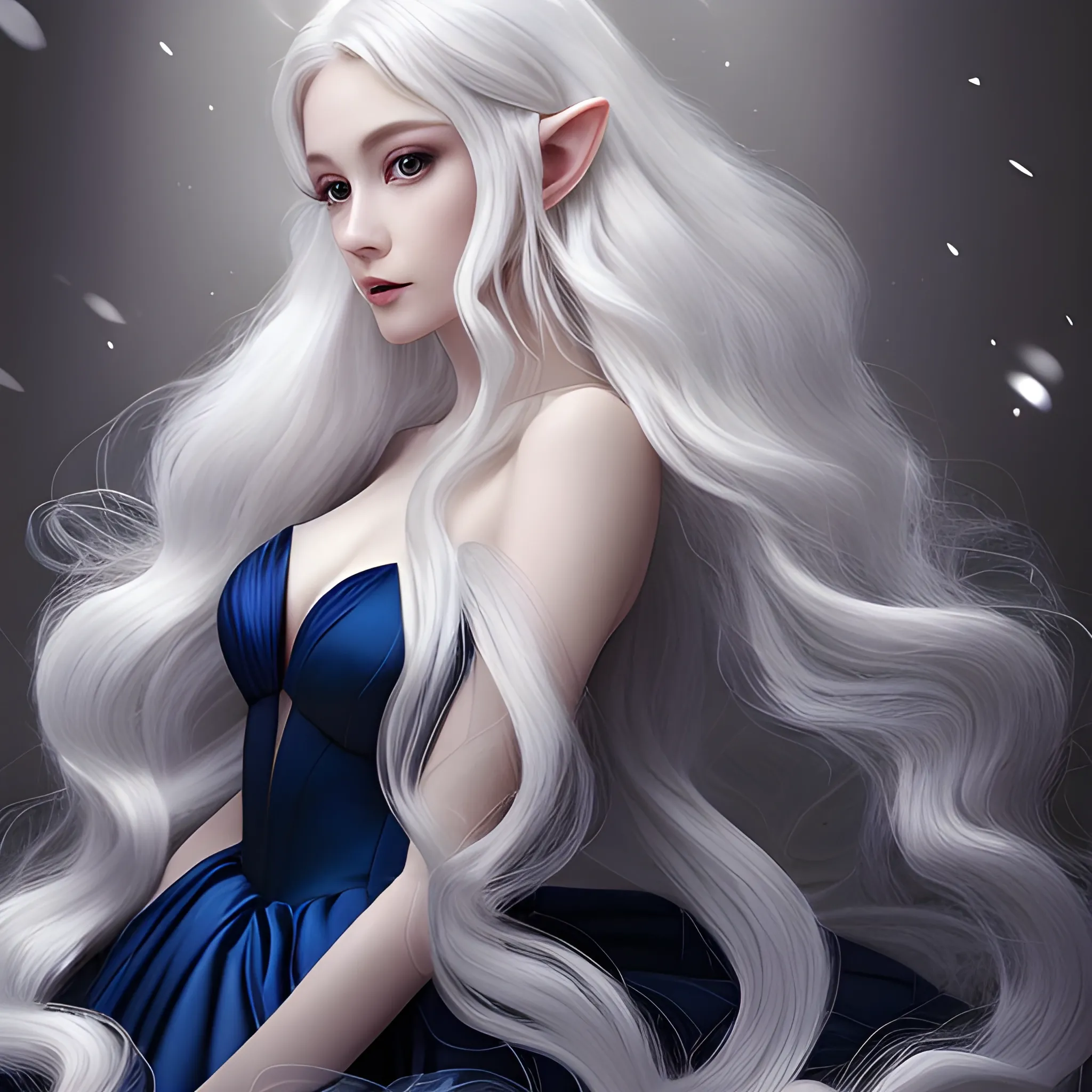 high elve, very beautiful, sexy, her hair magically floating around her, wearing an elegant midnight blue gown, hair is very long and thick, hair is white