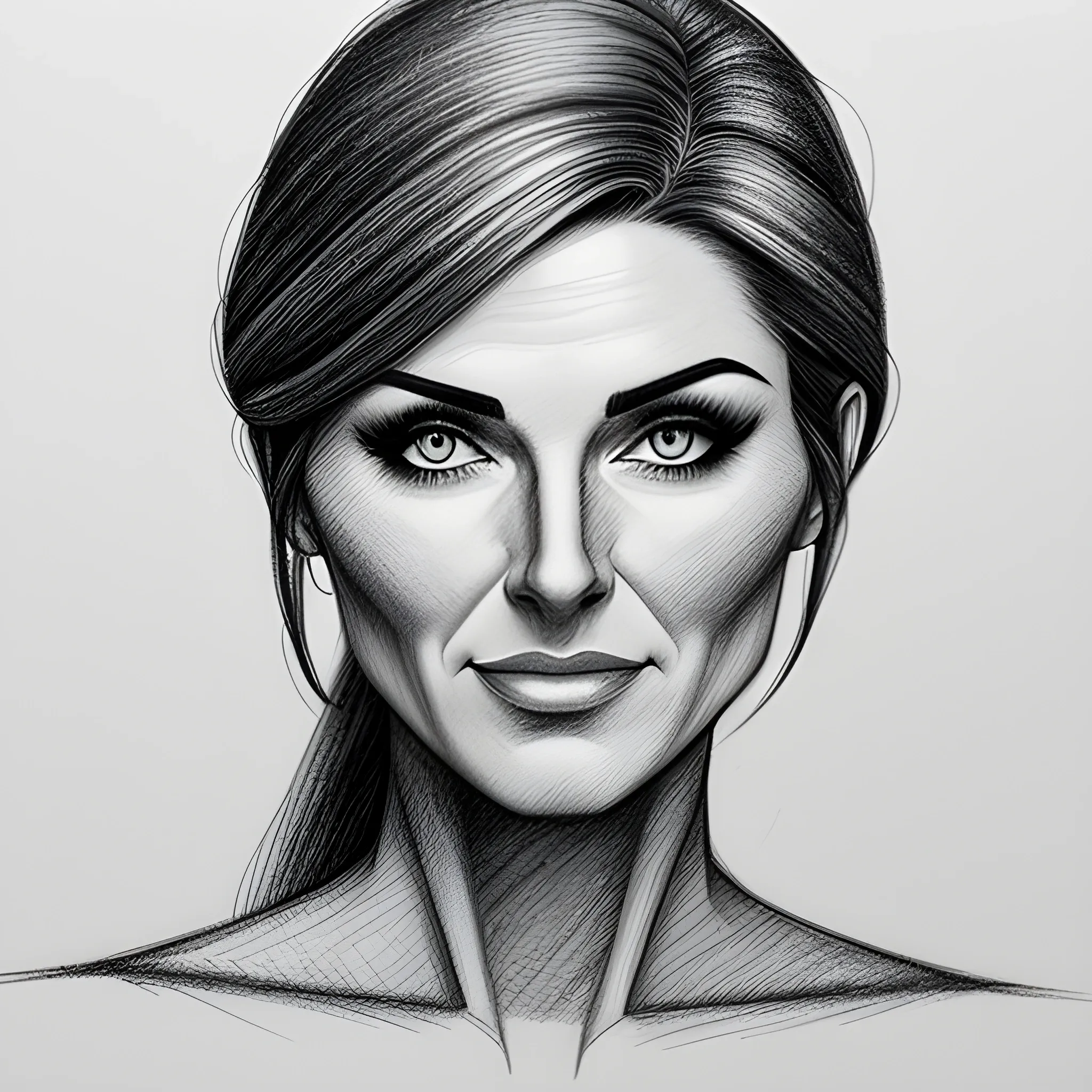 illustration portrait of young woman in monochrome loose pencil shading of agile lines. Head and torso and front in medium plane light background., Pencil Sketch