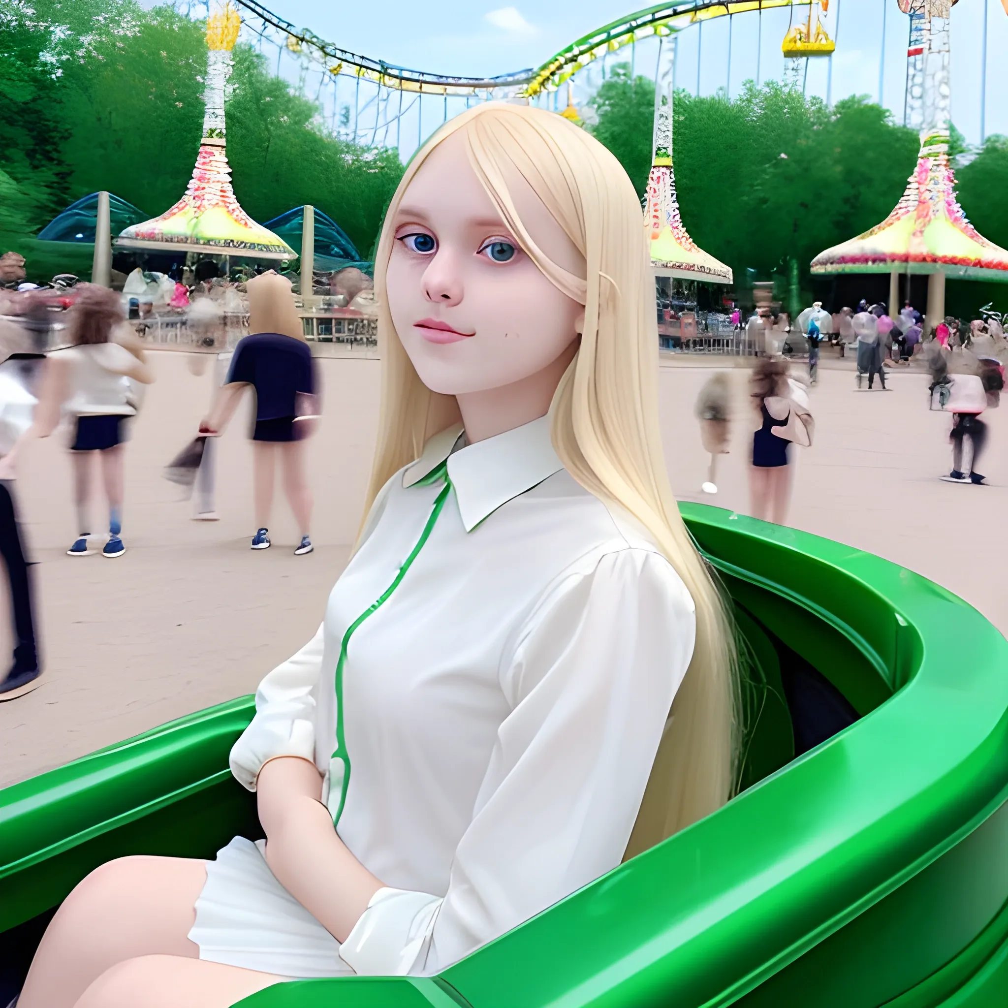 a 20-year-old woman, blonde with straight hair, white skin, green eyes, in elegant clothes, in an amusement park, Trippy