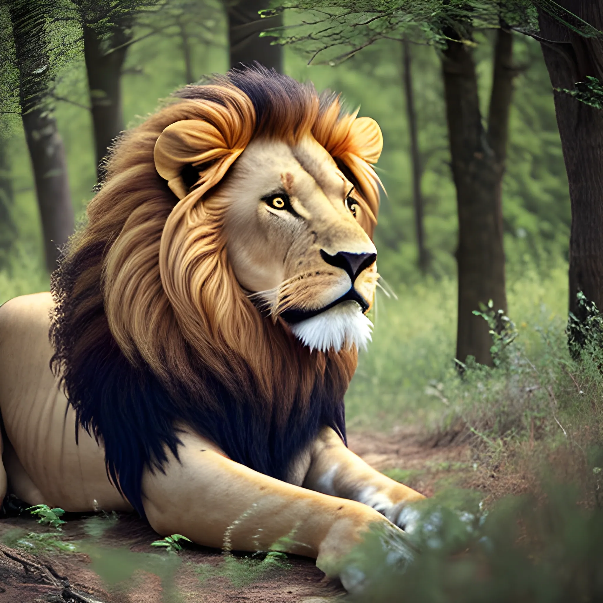 a lion in the forest, roaring
