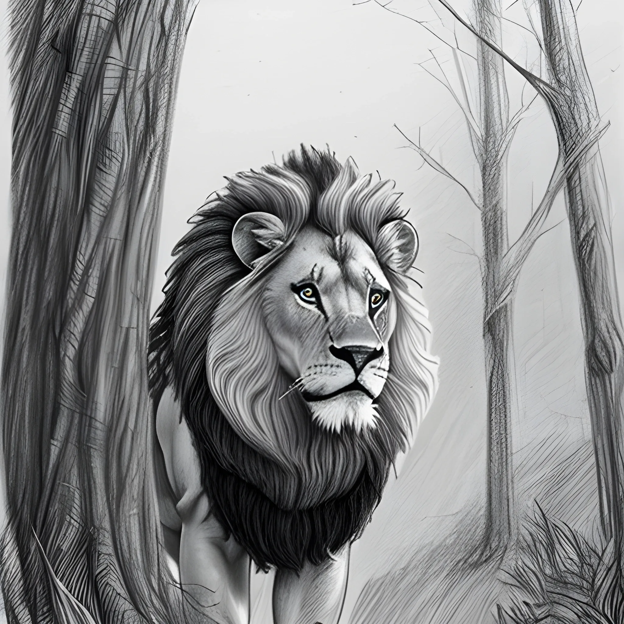 a lion in the forest, roaring
, Pencil Sketch