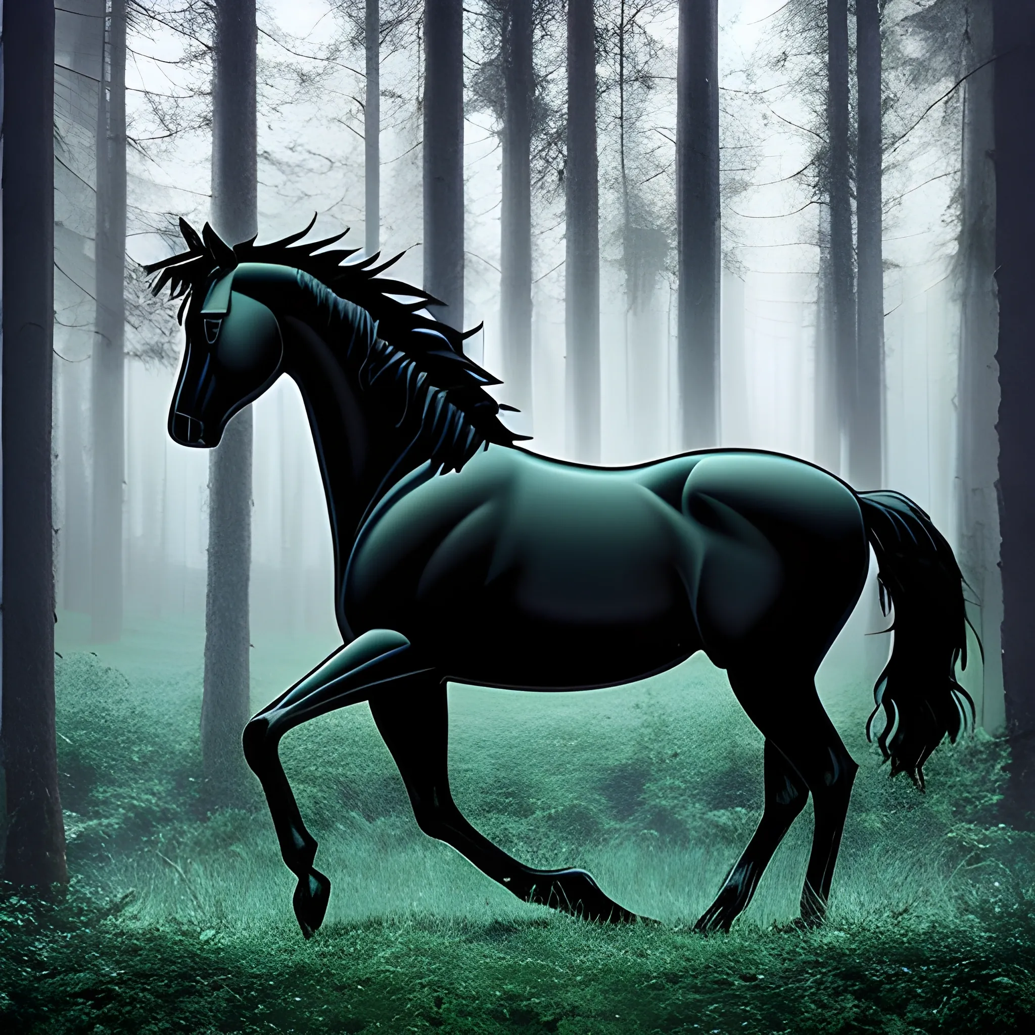 a strong, black horse in the forest., Trippy