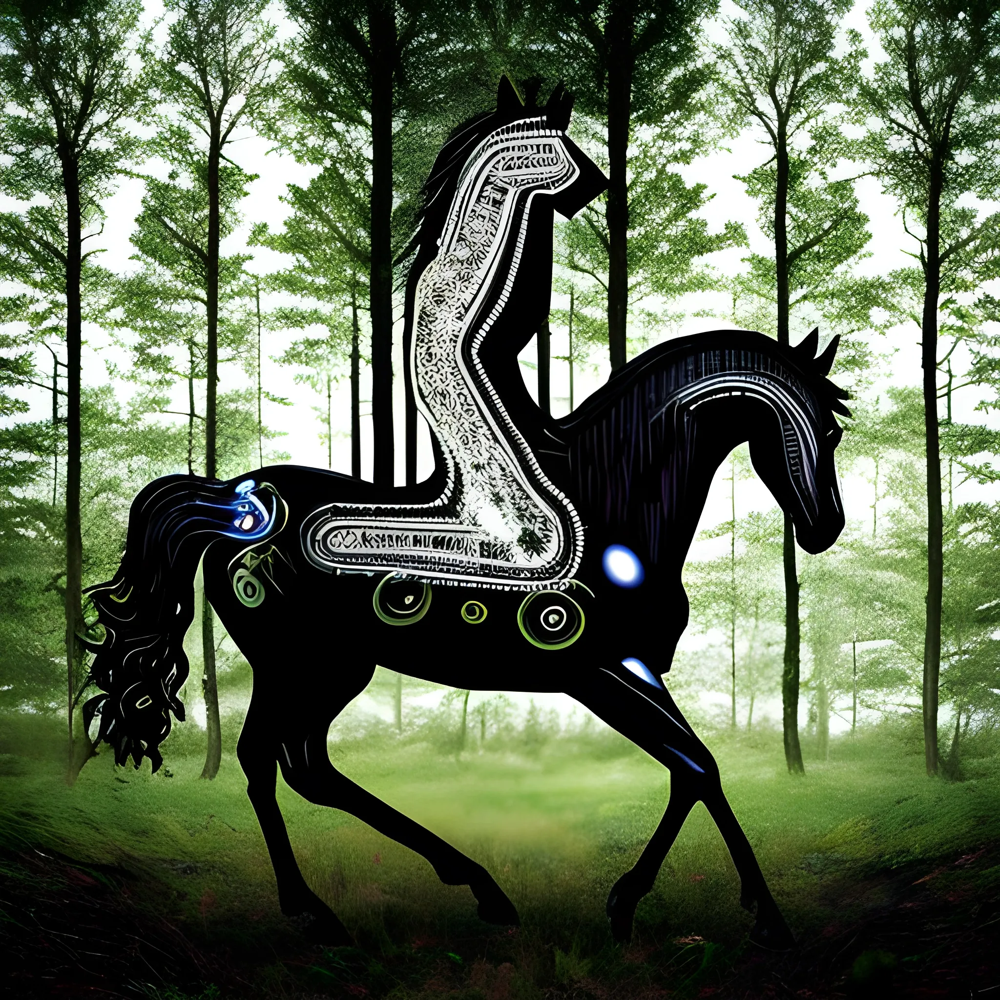 a strong, black horse in the forest., Trippy, Trippy