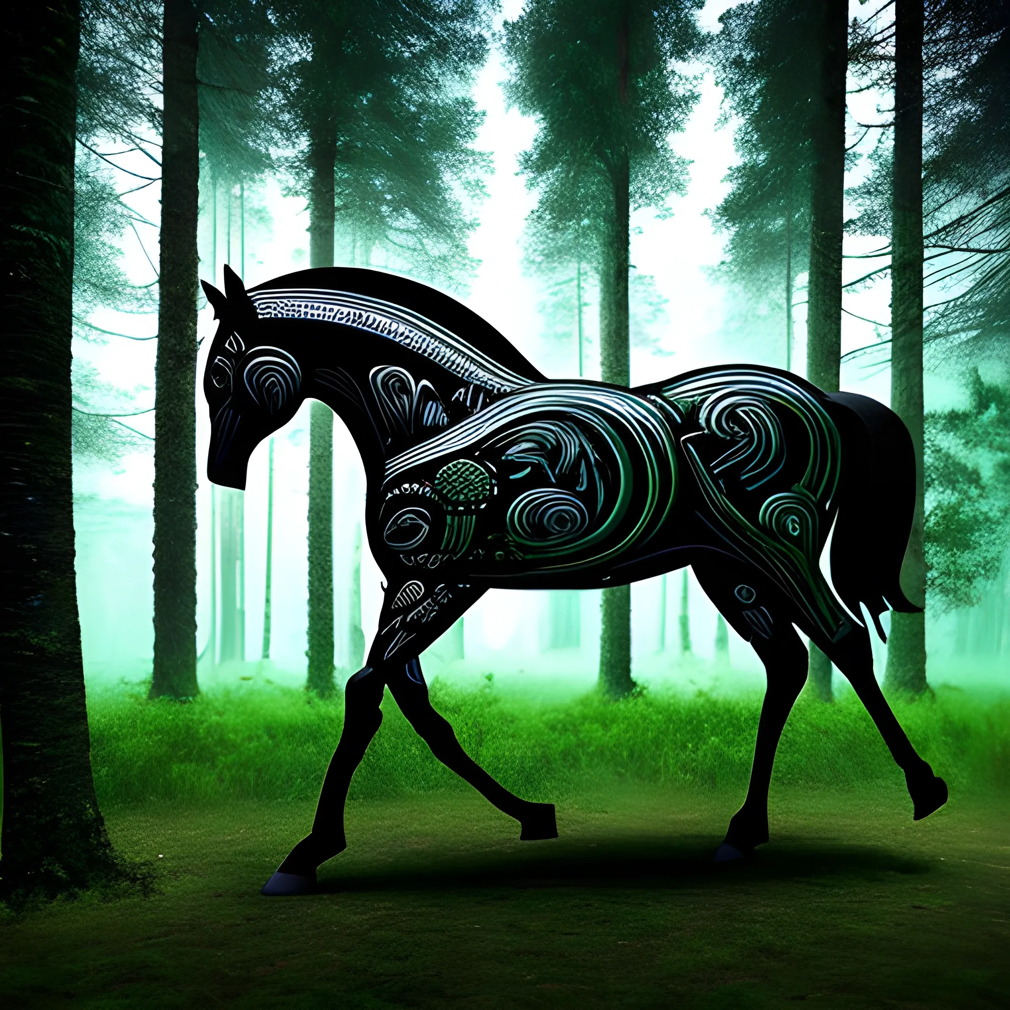 a strong, black horse in the forest., Trippy, Trippy, 3D