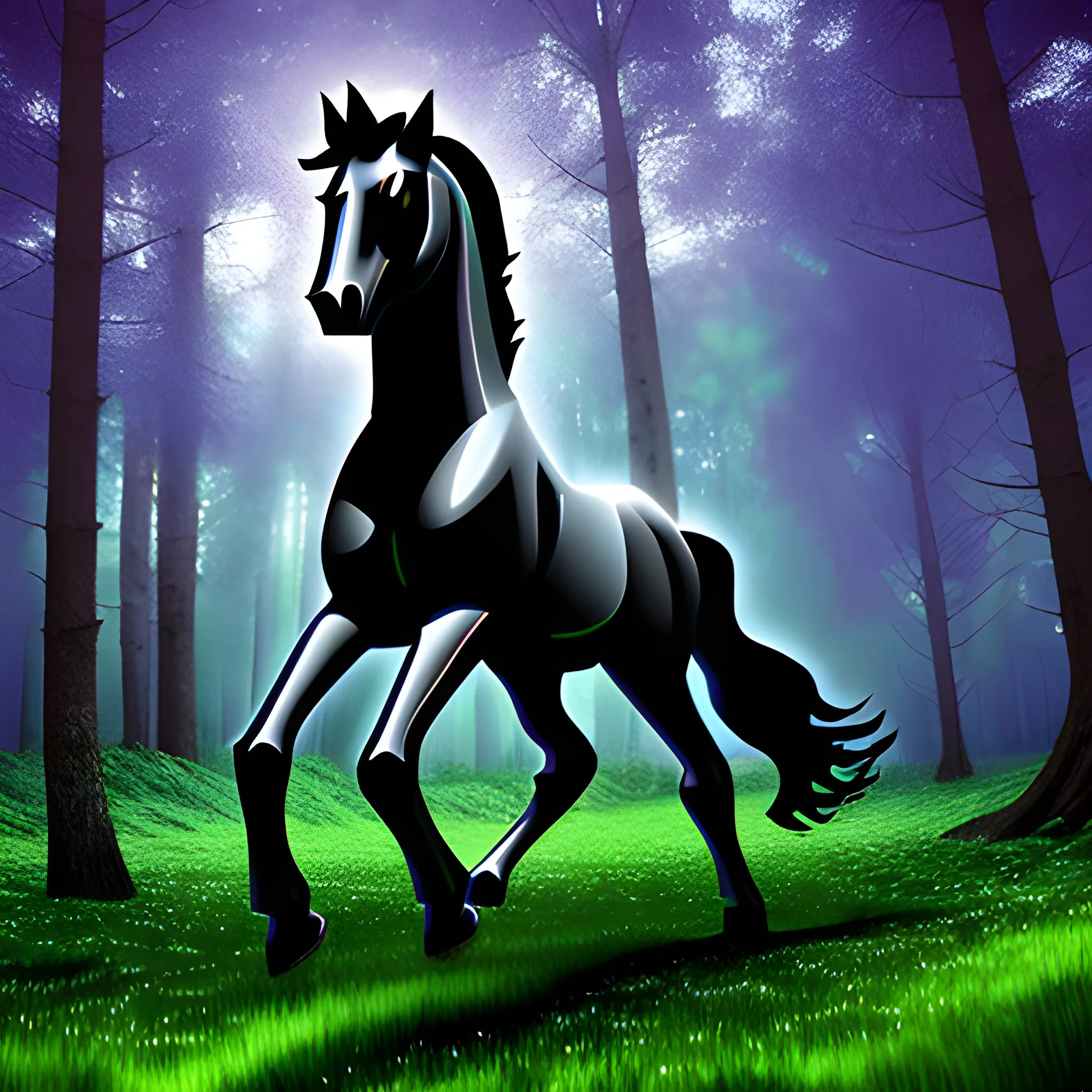 a strong, black horse in the forest., Trippy, Trippy, 3D, Cartoon