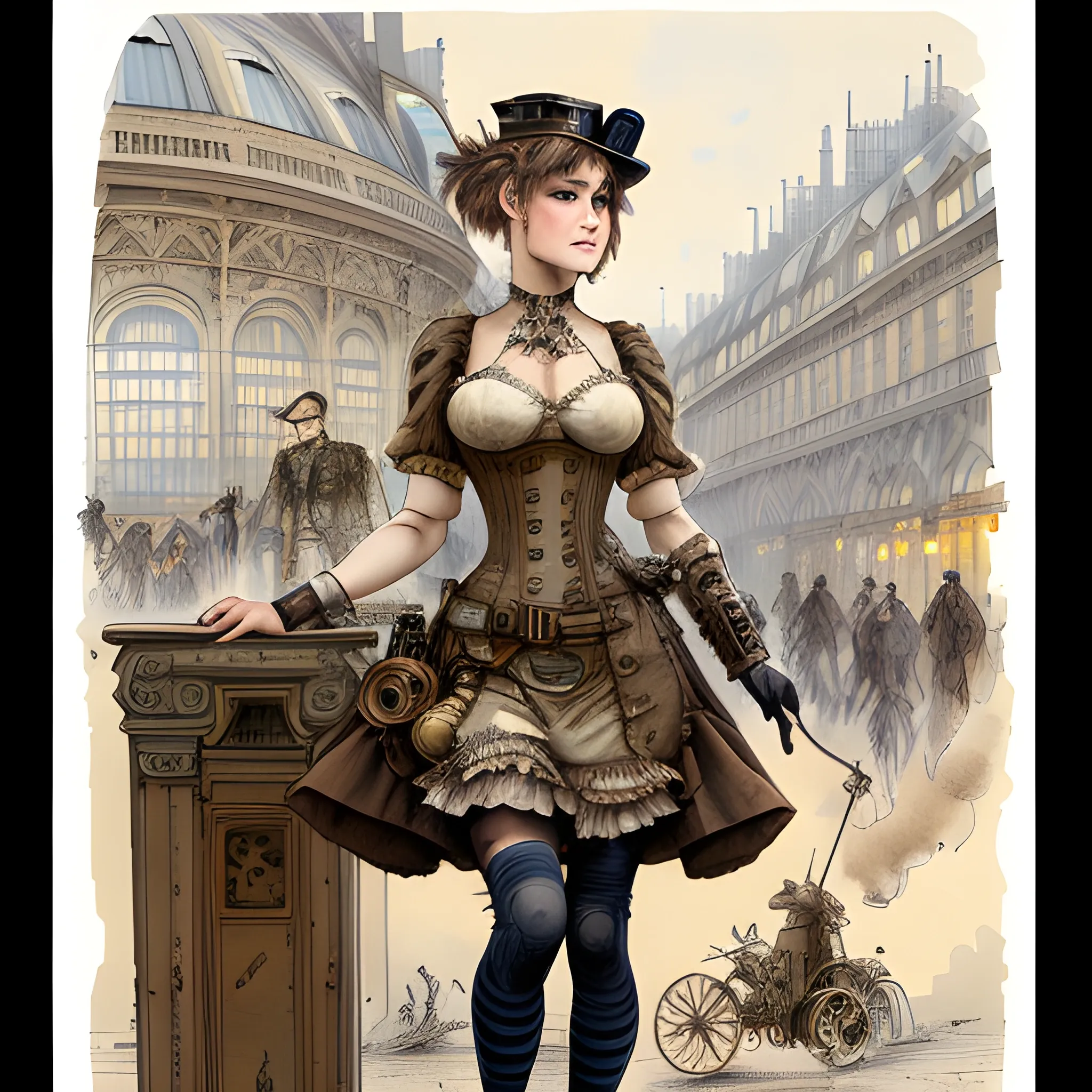 highest quality, by Jean-Baptiste Monge, steampunk woman in minidress and tights, vintage colored ink, Gare du Nord Paris, illustration, ultra sharp, highly detailed, trending on artforum