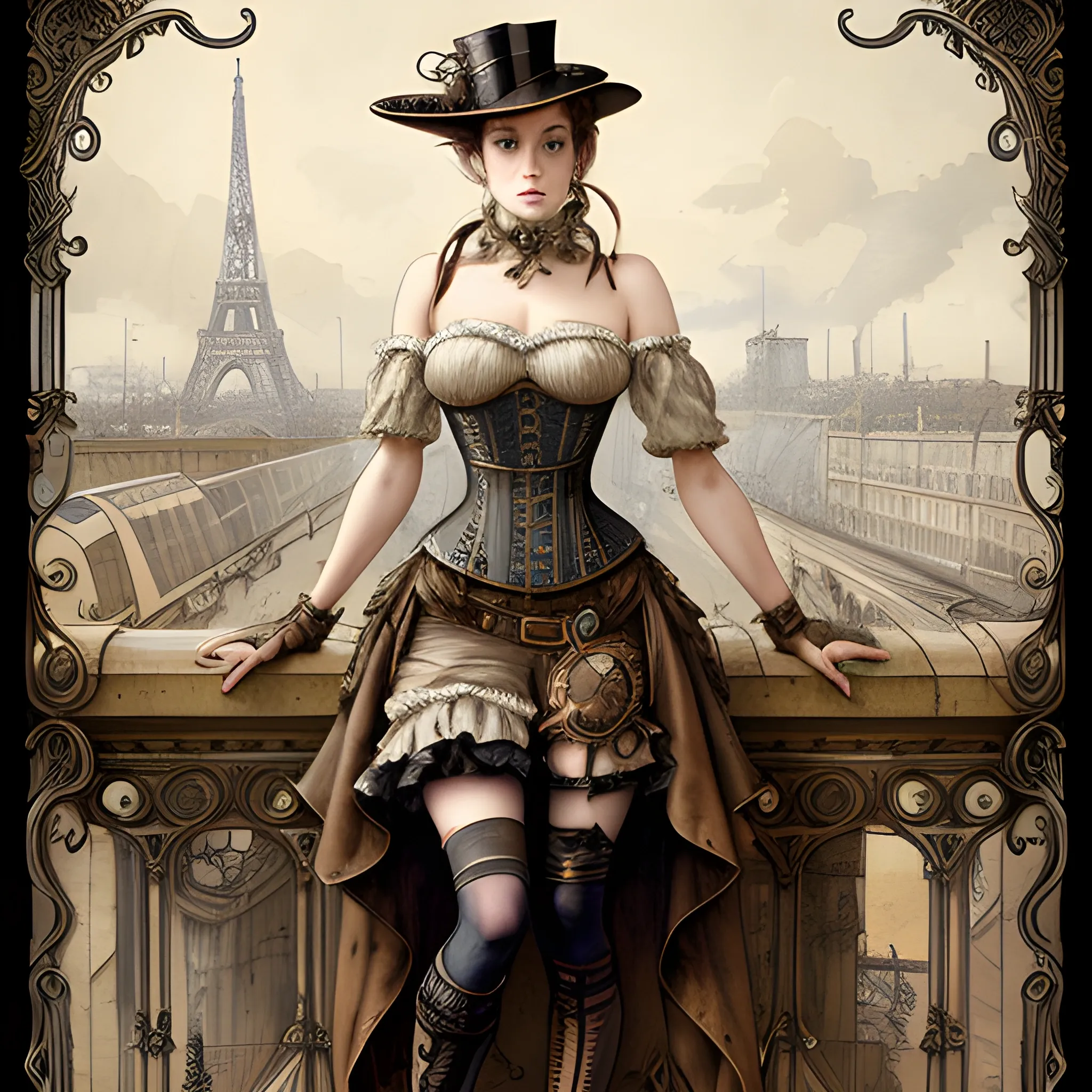 highest quality, by Jean-Baptiste Monge, steampunk woman in minidress, corset, and tights, daring neckline, vintage colored ink, Gare du Nord Paris, illustration, ultra sharp, highly detailed, trending on artforum