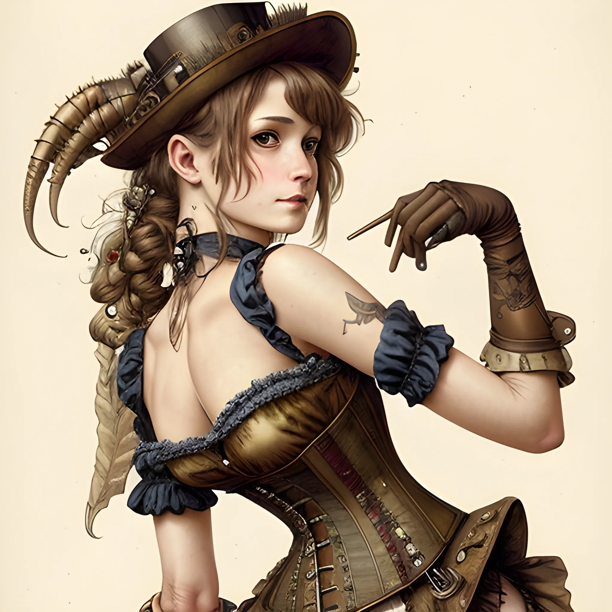 highest quality, by Jean-Baptiste Monge, steampunk woman in minidress, corset, and tights, daring neckline,  illustration, ultra sharp, highly detailed, trending on artforum