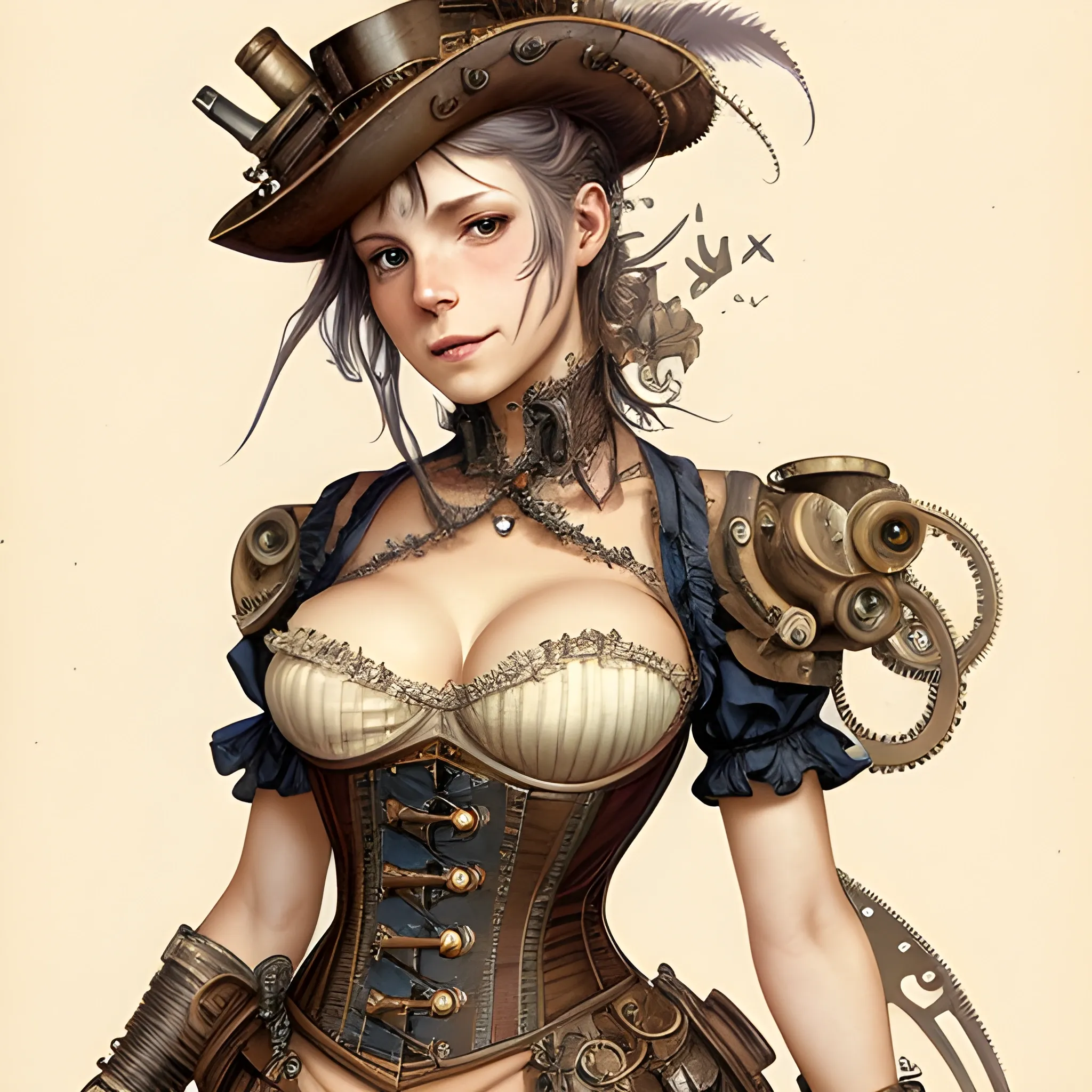 highest quality, by Jean-Baptiste Monge, steampunk woman in minidress, corset, and tights, daring neckline,  illustration, ultra sharp, highly detailed, trending on artforum