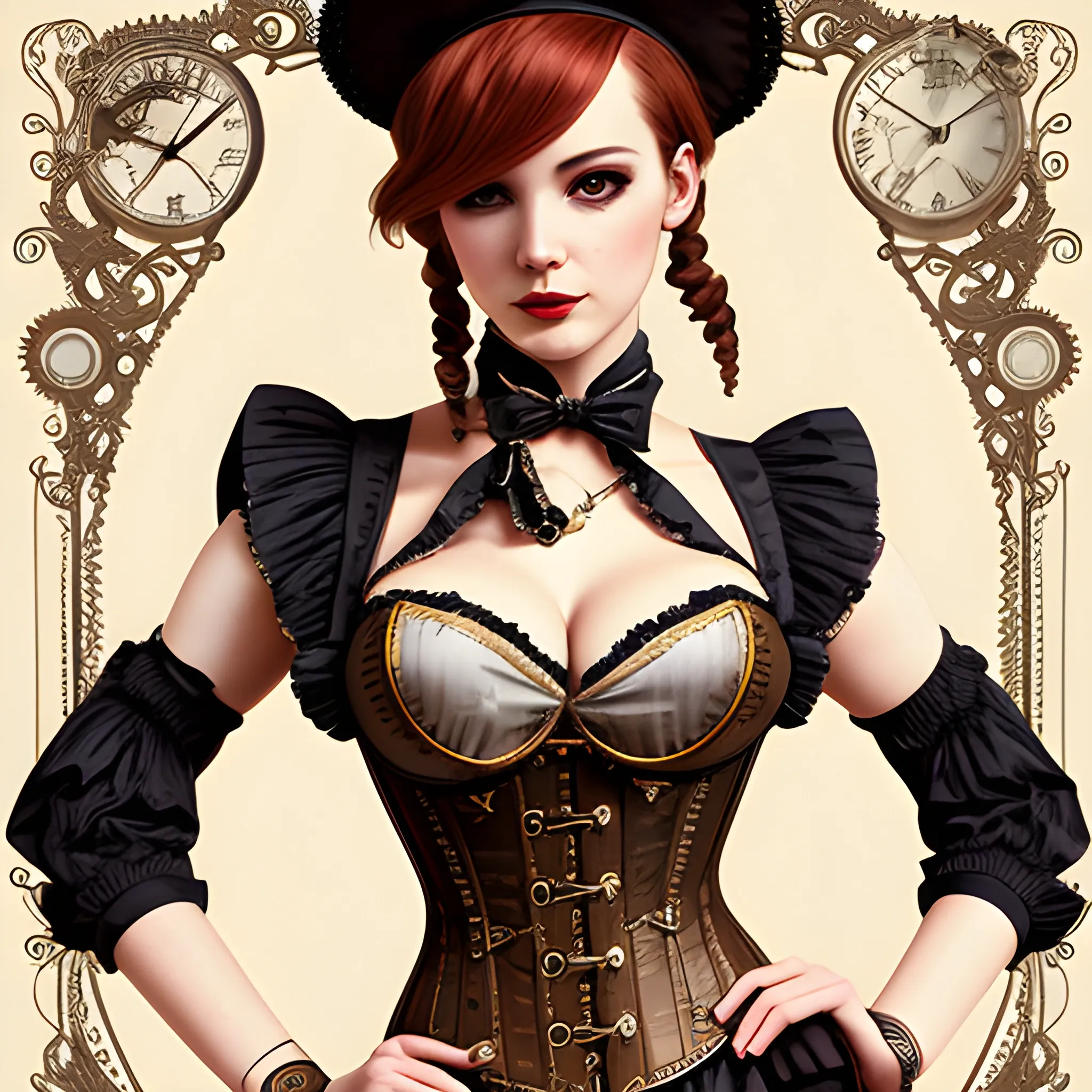 highest quality, steampunk woman in minidress, corset, and tights, daring neckline,  illustration, ultra sharp, highly detailed, trending on artforum