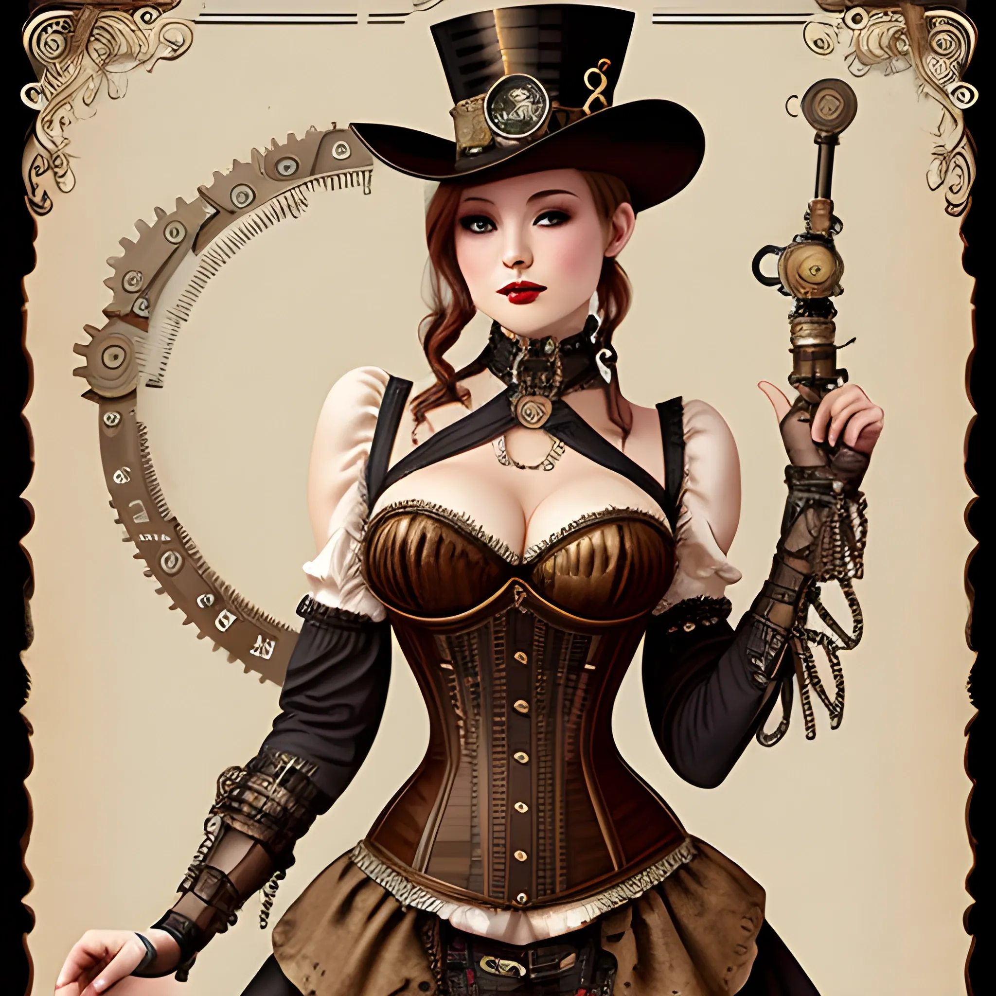 highest quality, steampunk woman in minidress, corset, and tights, daring neckline,  illustration, ultra sharp, highly detailed, trending on artforum