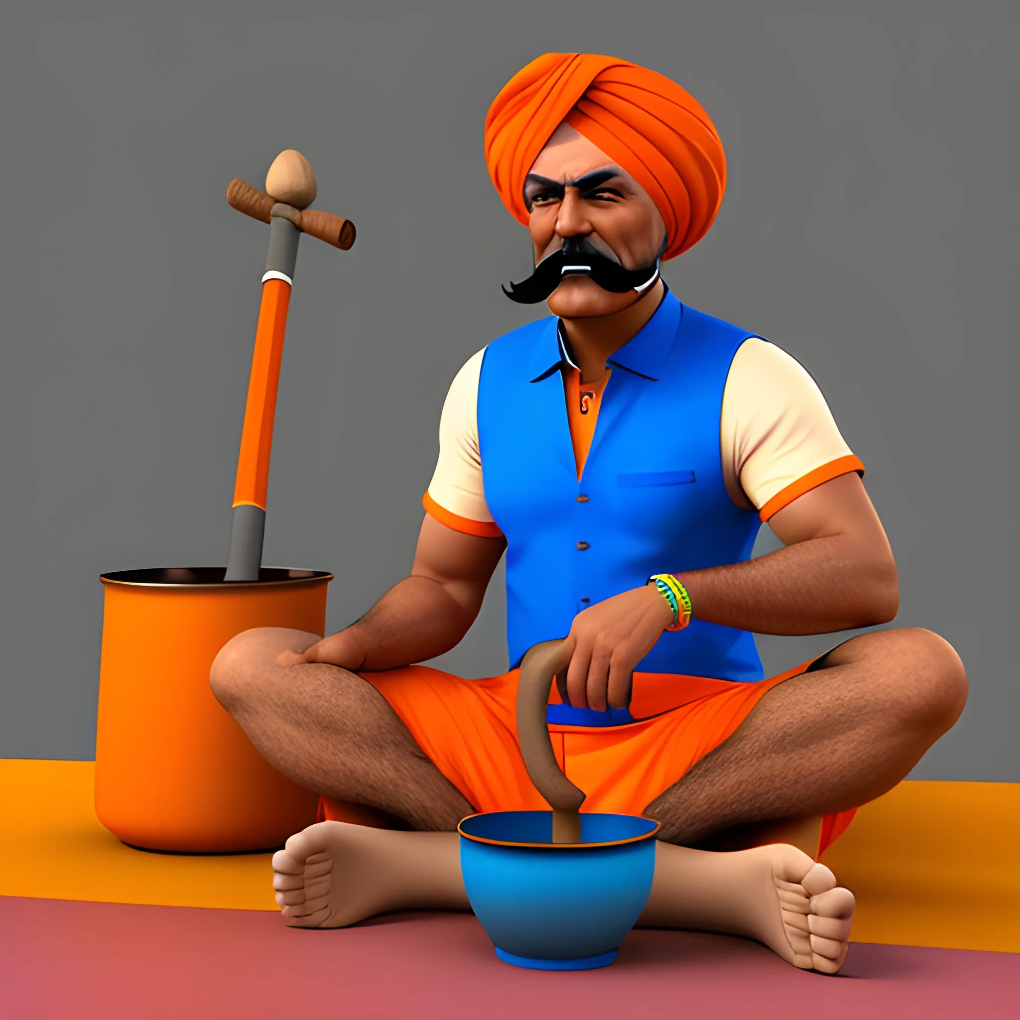 3D cartoon of An Indian pot maker man with medium skin tone ,  wearing a colorful turban and traditional attire . He has a mustache and is sitting on the ground, holding a little hammer in one hand and a small pot in the other. The background features a gradient of blue and orange , suggesting a warm atmosphere , 3D