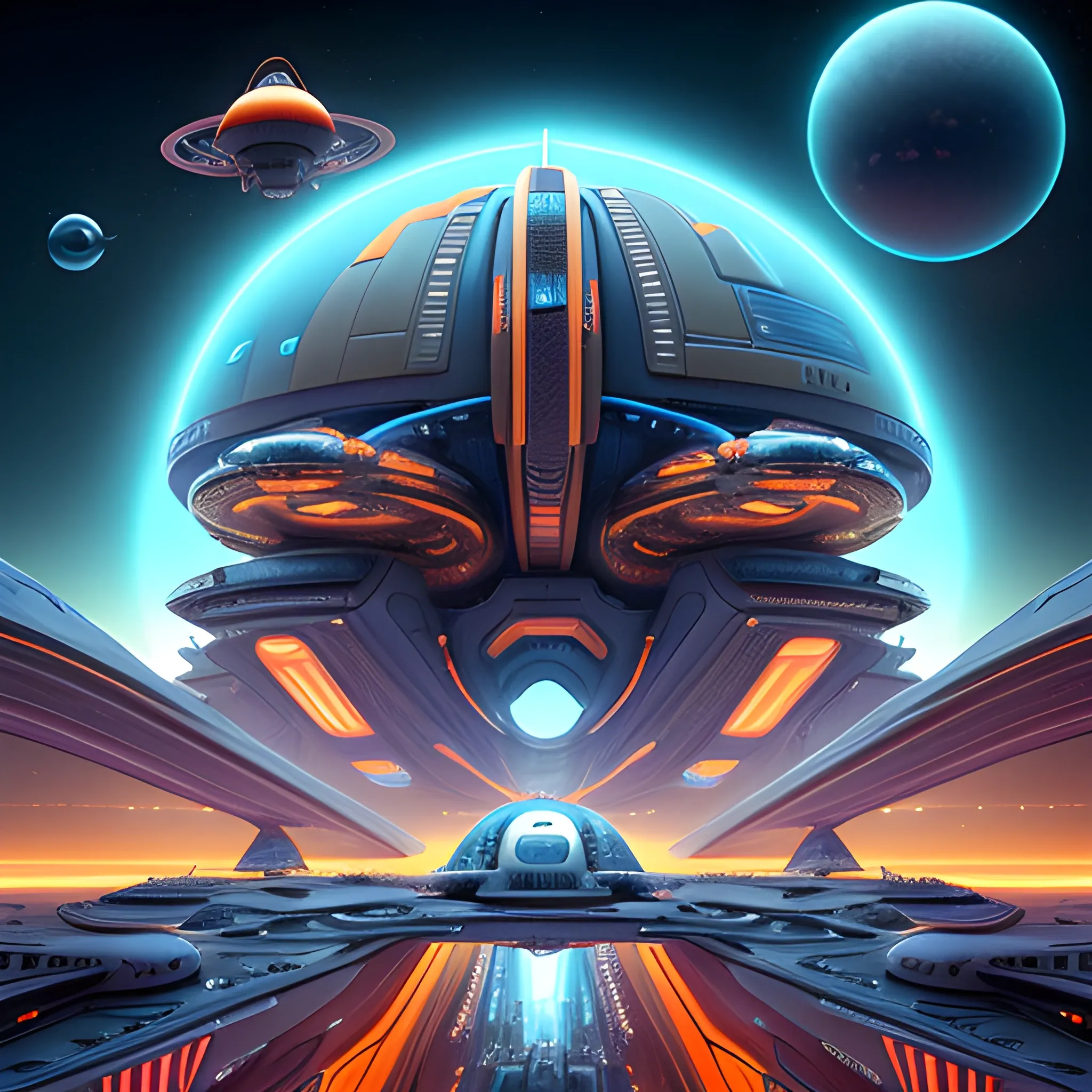 Futuristic space station double as alien colony, multiple variance-in-design spaceships docked or adrift near structure, vibrant blue, orange, red LED lights adorning the intricate architecture, diverse extraterrestrial beings in eclectic attire engaging in varied activities, construction equipment in use, colossal glowing planet dominating the backdrop, drone capturing the essence of interstellar habitation, vast scale, octane rendering, UHD. 4D 750k UHD resolution, Use the design styles of Larry Niven, Steven Spielberg, & J. Michael Straczynski.Futuristic space station double as alien colony, multiple variance-in-design spaceships docked or adrift near structure, vibrant blue, orange, red LED lights adorning the intricate architecture, diverse extraterrestrial beings in eclectic attire engaging in varied activities, construction equipment in use, colossal glowing planet dominating the backdrop, drone capturing the essence of interstellar habitation, vast scale, octane rendering, UHD. 4D 750k UHD resolution, Use the design styles of Larry Niven, Steven Spielberg, & J. Michael Straczynski, Harlan Ellison.