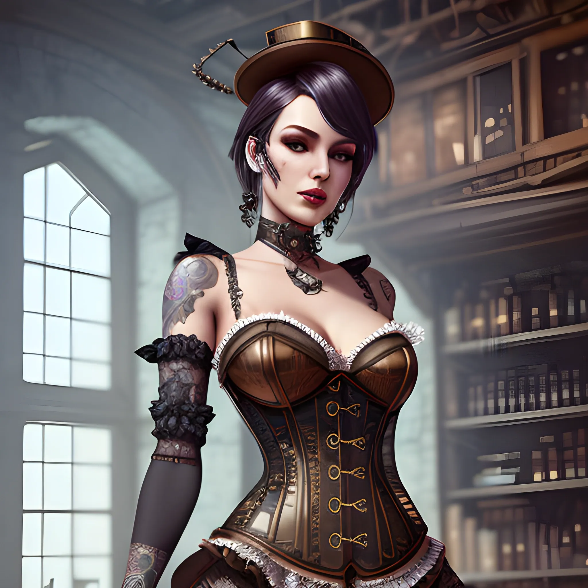 highest quality, steampunk woman in minidress, corset, and tights, beautiful,  illustration, low neckline, ultra sharp, highly detailed, unreal engine 5, tattooed, breathtaking 