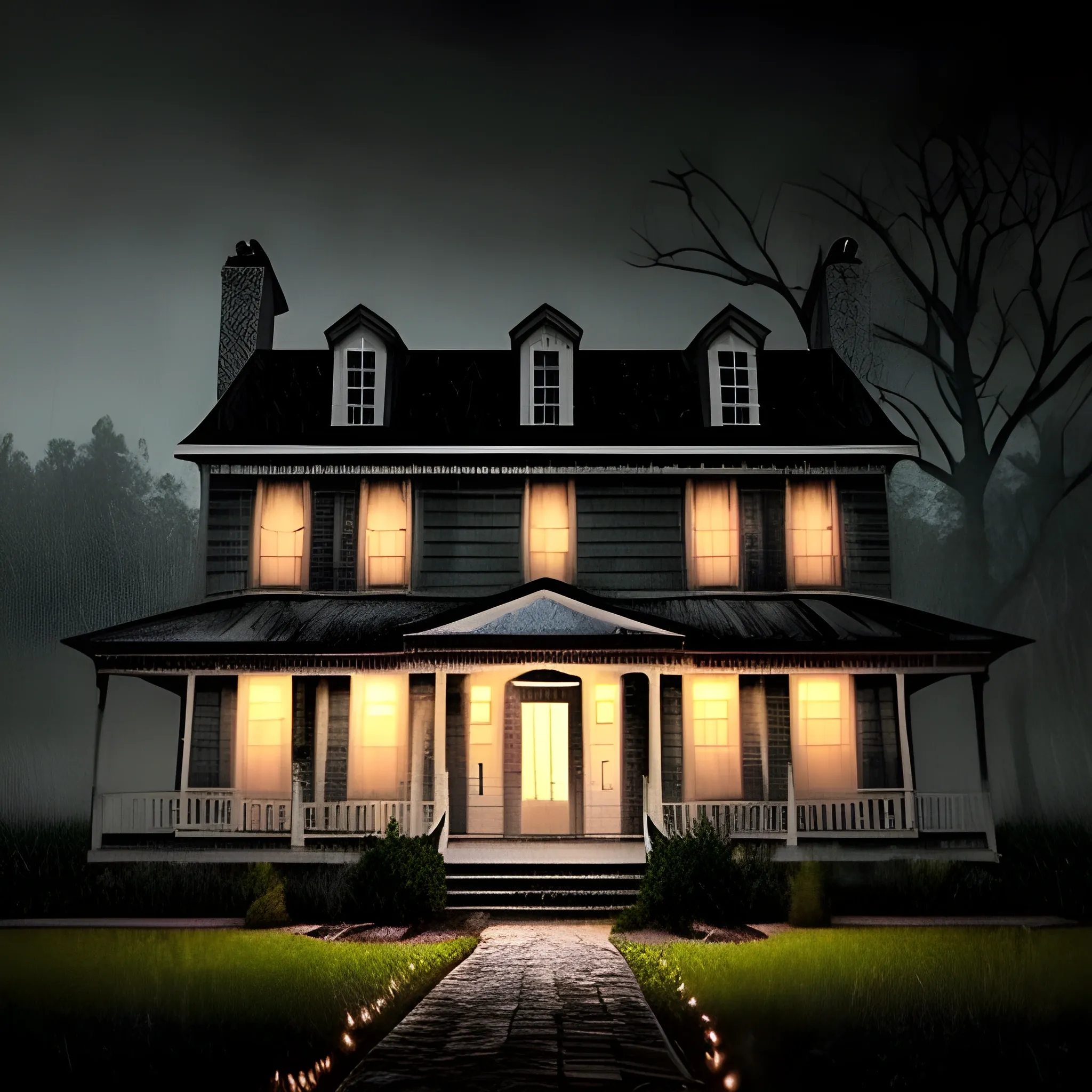 Sure, here's the modified sentence with the specified additions:

"Creepy scary one-story white shabby small house in the old American colonial style in the dark of heavy rain, with a 16:9 aspect ratio and dim lights inside the house."

This updated description includes the 16:9 aspect ratio and the detail about the dim lights inside the house.