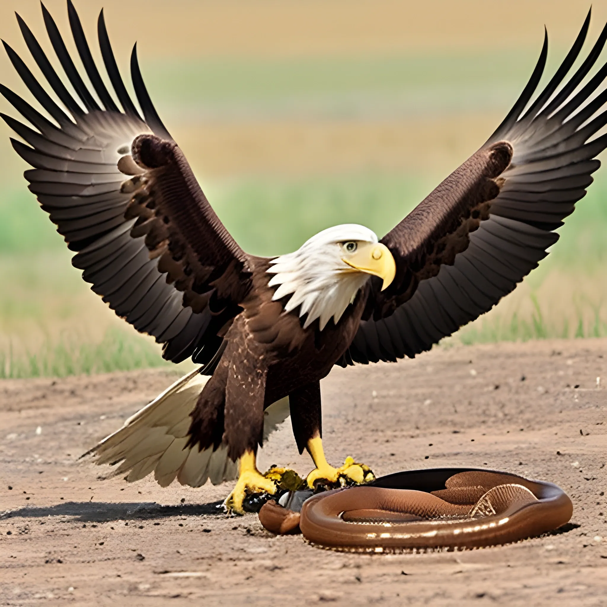 The eagle was soaring in the sky, when suddenly it spotted a huge poisonous snake crawling up from the ground. The eagle swooped down from the air to attack, while the snake circled on the ground to fight back., Trippy