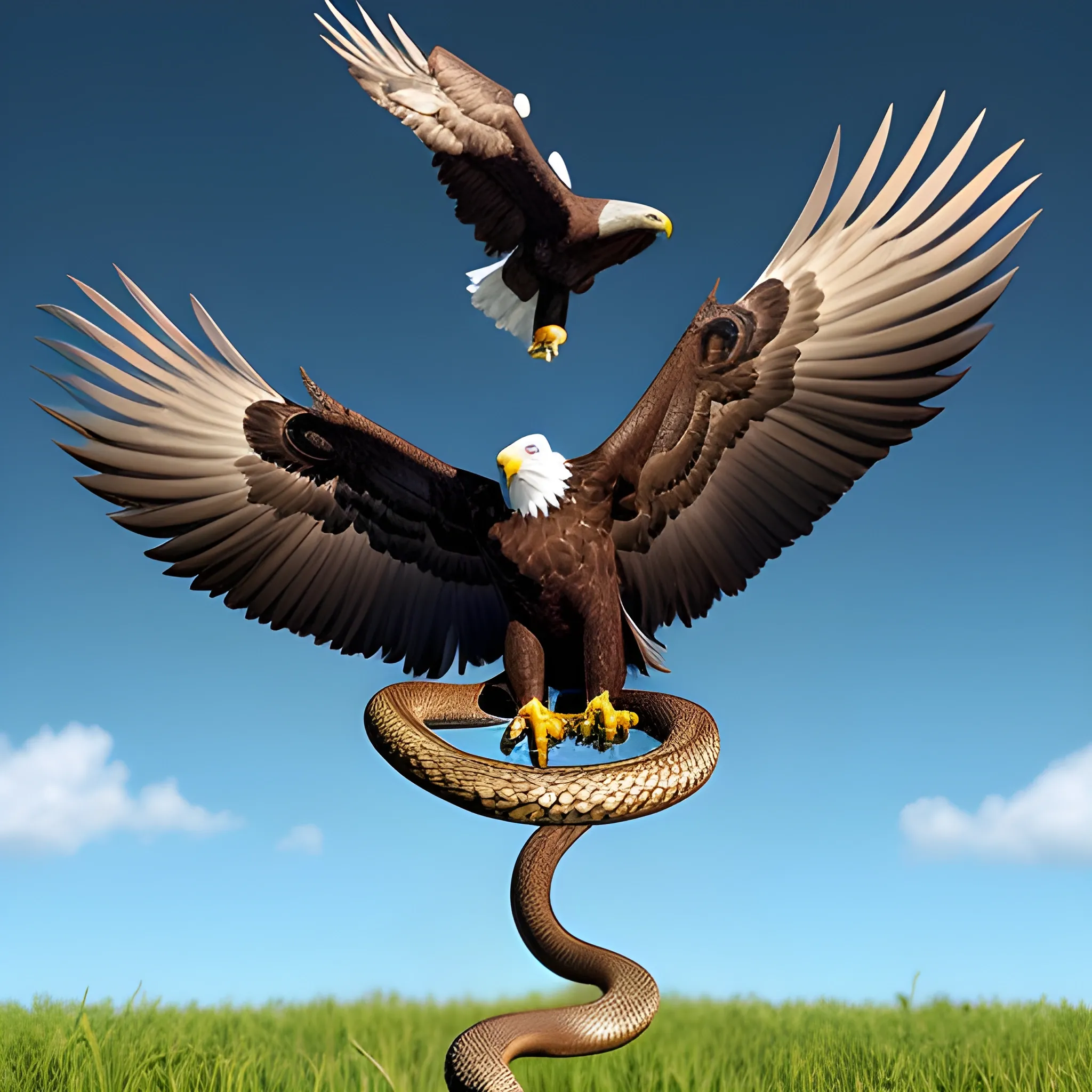 The eagle was soaring in the sky, when suddenly it spotted a huge poisonous snake crawling up from the ground. The eagle swooped down from the air to attack, while the snake circled on the ground to fight back., Trippy, 3D