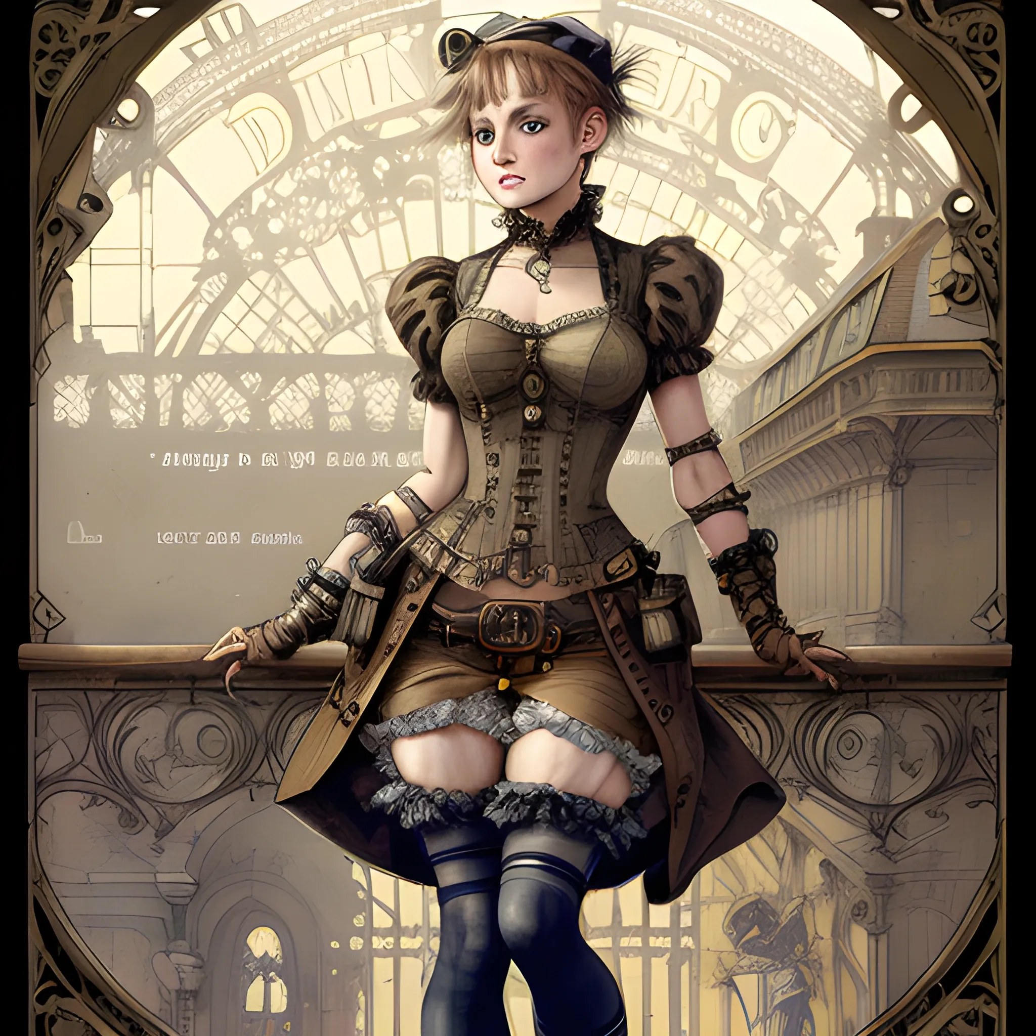 highest quality, by Jean-Baptiste Monge, steampunk woman in minidress and tights, vintage colored ink, Gare du Nord Paris, illustration, ultra sharp, highly detailed, trending on artforum