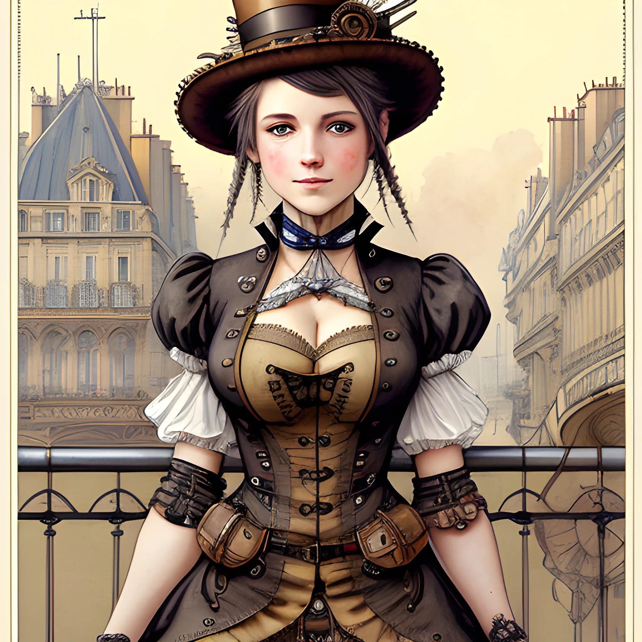 highest quality, by Jean-Baptiste Monge, steampunk woman in minidress and tights, vintage colored ink, Gare du Nord Paris, illustration, ultra sharp, highly detailed, trending on artforum