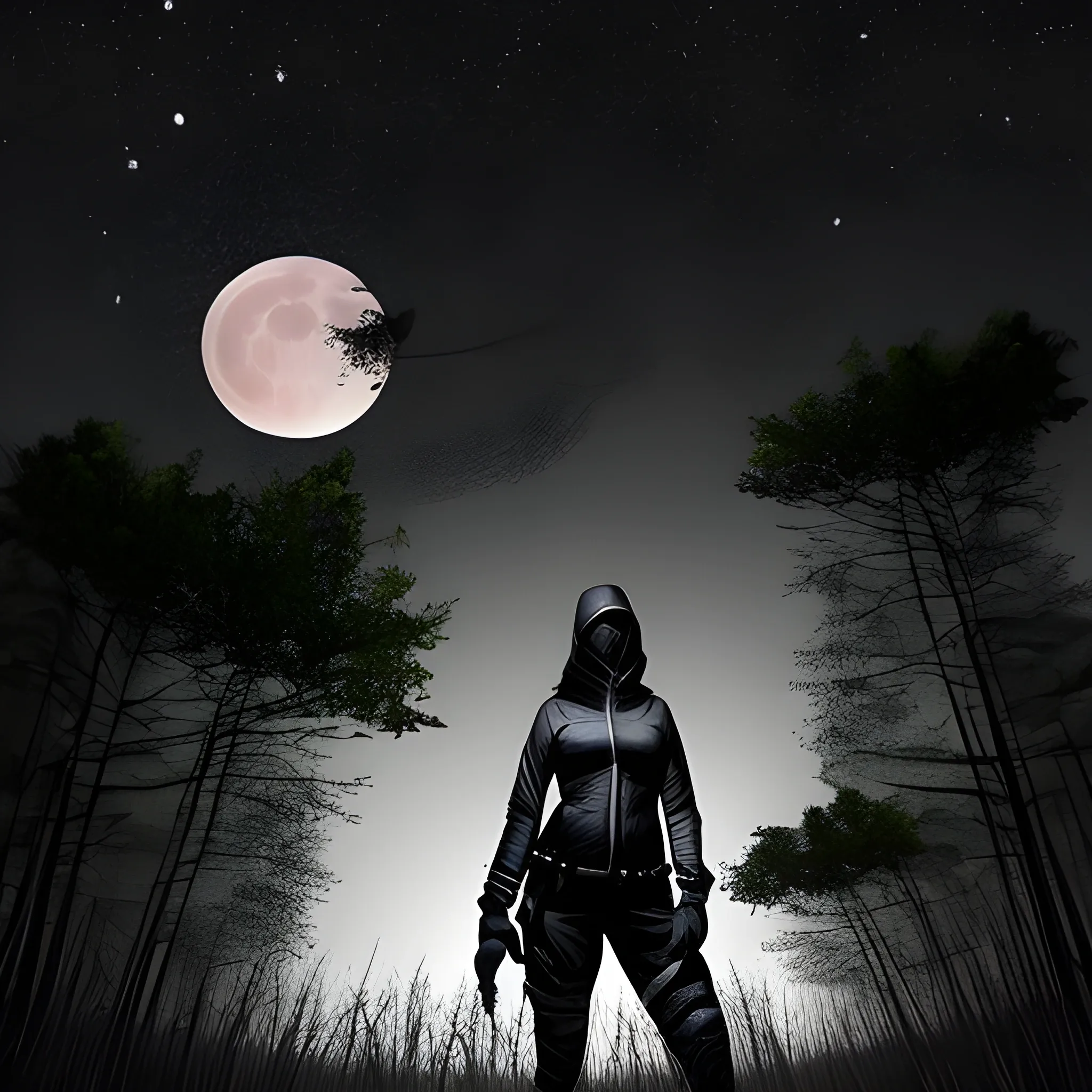 Female hunter in black clothing hiding among the trees on a night with a bright full moon.