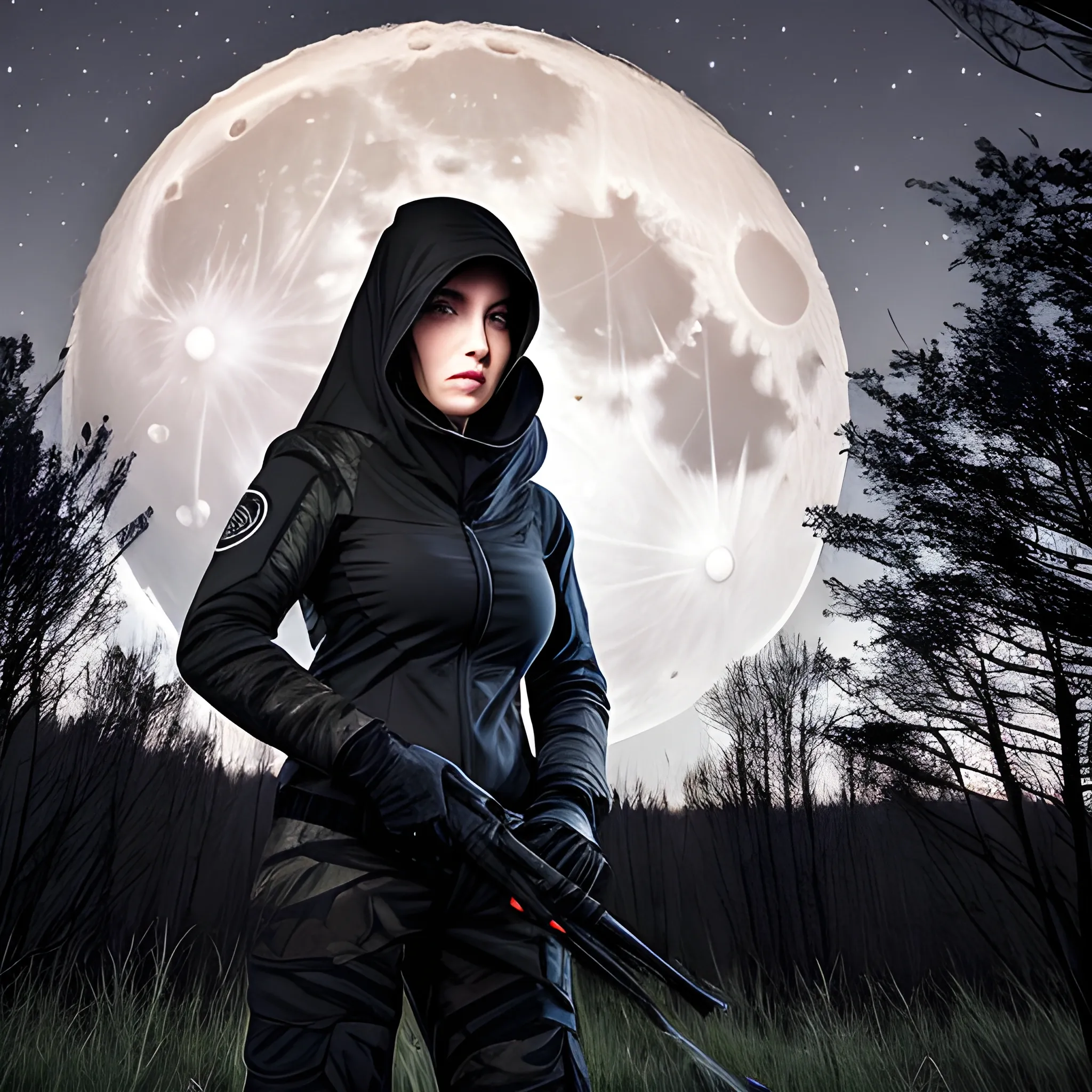 Female hunter in black clothing hiding among the trees on a night with a bright full moon.