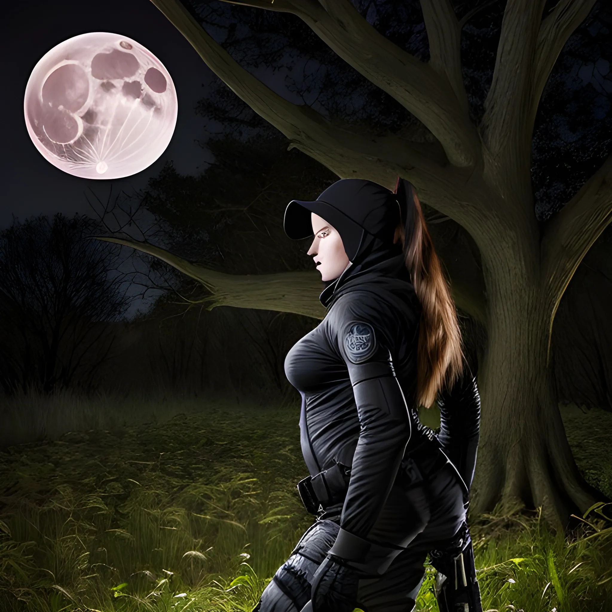 Female hunter in black clothing hiding among the trees on a night with a bright full moon.