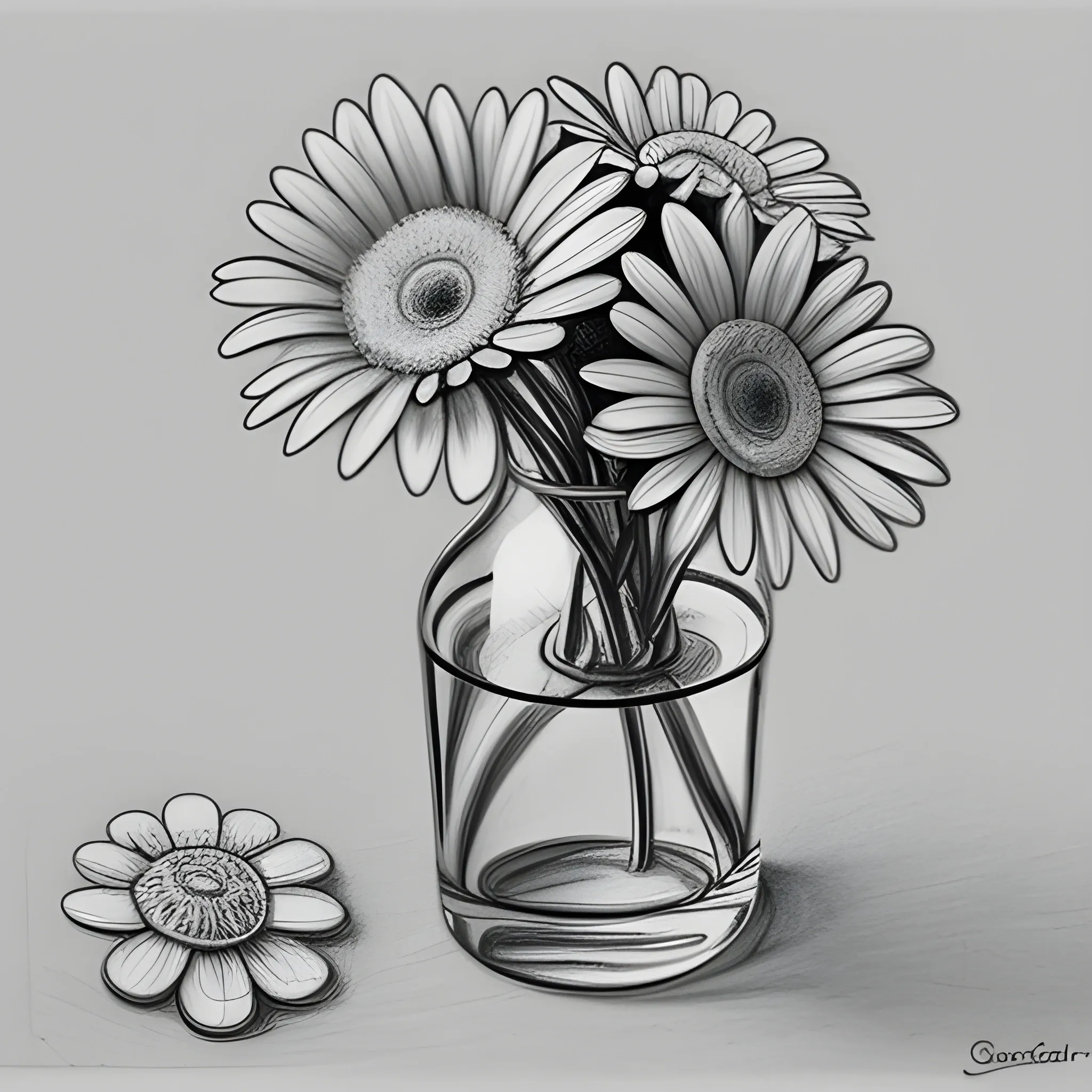 
faceted glass with three daisies
, Pencil Sketch, Pencil Sketch